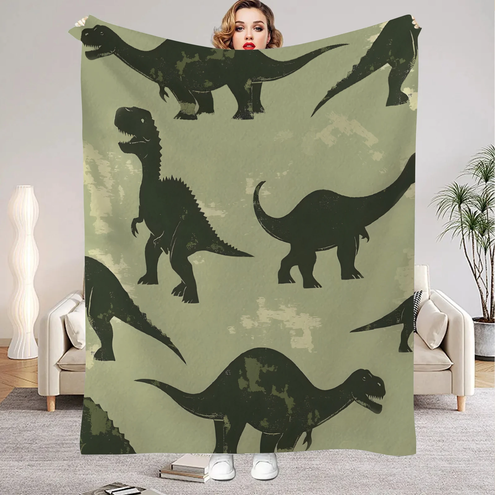 1 Stück grüne Decke Jurassic Dinosaurier Druck bequeme Flanelldecke für Zuhause Wohnzimmer Schlafzimmer Dekor Geburtstagsgeschenk für Jungen Image