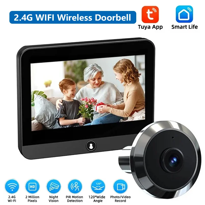 Tuya WiFi Drahtlose Türklingel HD Überwachungskamera PIR Bewegungserkennung Nachtsicht 4,3 Zoll Wiederaufladbare Video Türklingel Image