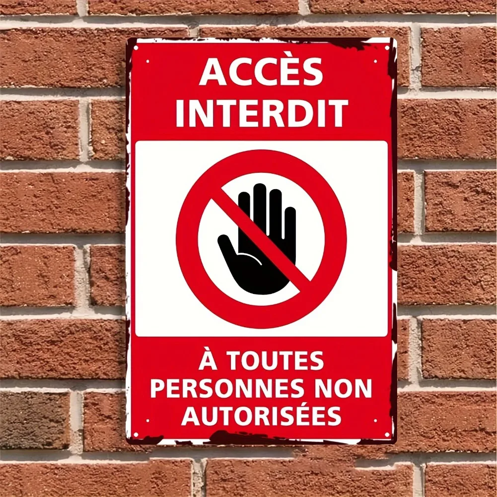 2D Flat, Vintage Metal No Entry Sign – Französischer Text „Access Restricted – Entry Forbidden“ – Heavy-Duty Red & White Prohibition Image