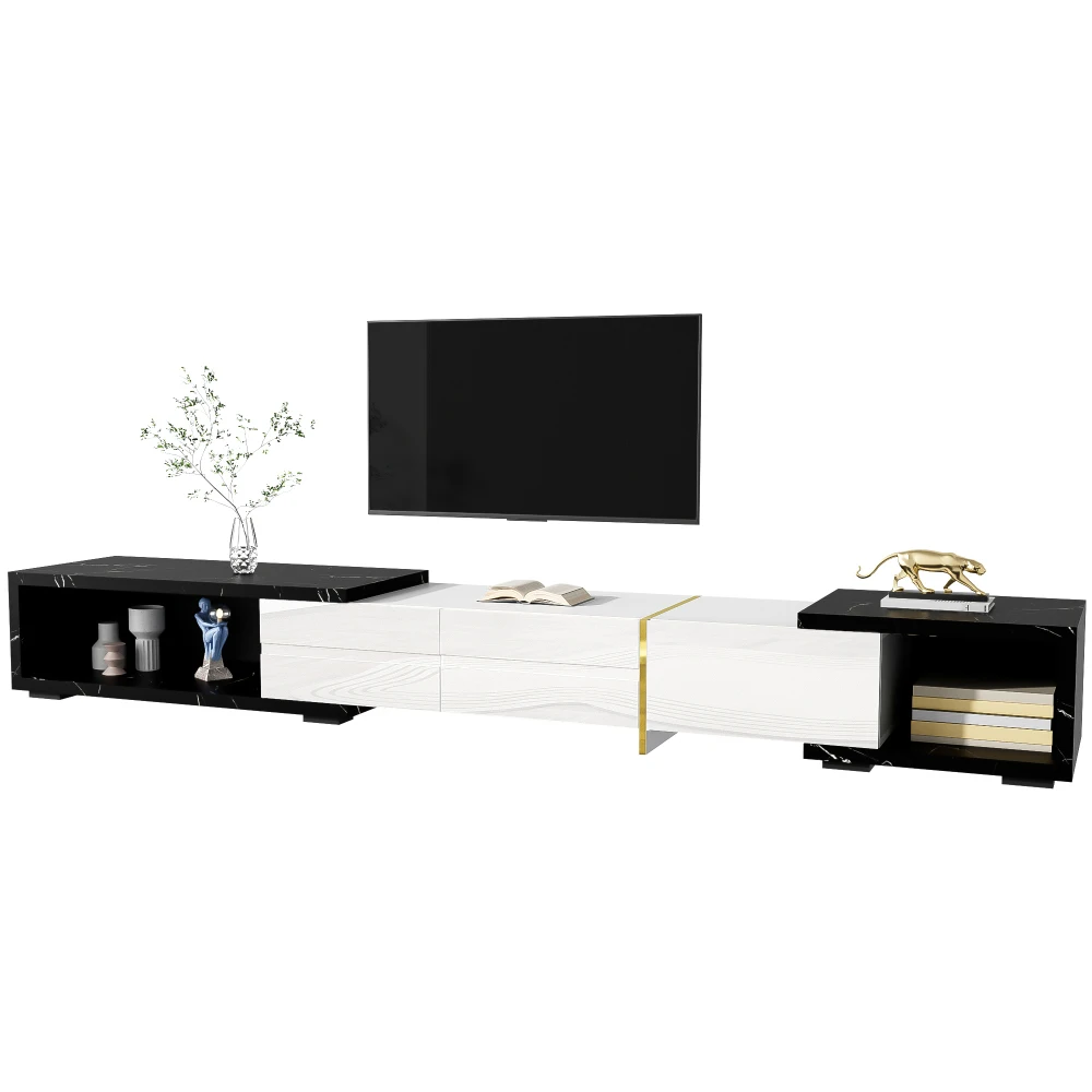Moderner TV-Schrank mit variabler Länge (140–260 cm), drehbarer Funktion, weißes Hochglanz-Matt-Finish und goldenen Dekorationen Image