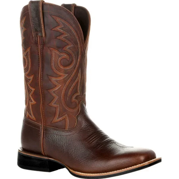 Lederstiefel mit hohem Schaft und Stickerei, Vintage-Kavallerie-Stiefel, Herren- und Damen-Western-Cowboystiefel mit großem breitem Kopf, große Größe 38–48