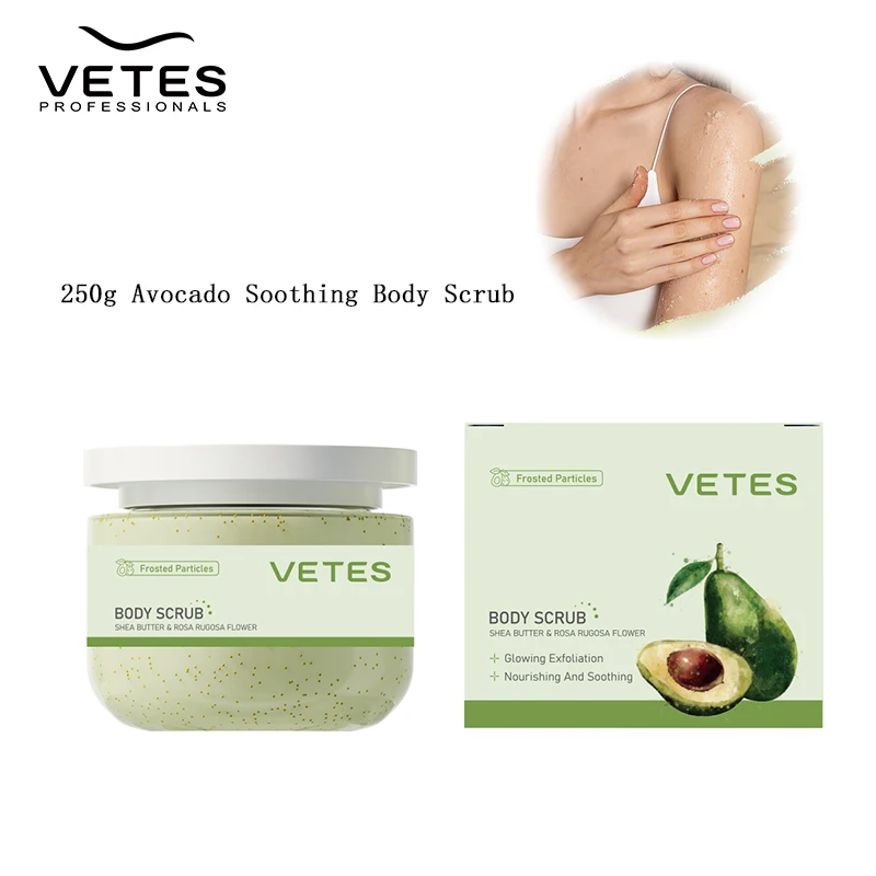 VETES 250 g Körperpeeling, Avocado-Duftentferner, abgestorbene Haut, beruhigend, leuchtendes Peeling, Peeling, Waschen, Körperpflege, nährende Glanzhaut Image