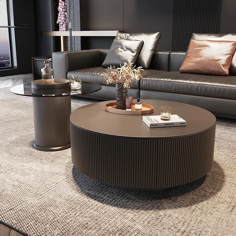 Geprägte runde Steinplatten-Couchtisch-Kombination, hochwertiges schwarzes modernes Wohnzimmer, Haushalt, kleine Wohnung, einfache italienische Lig Image