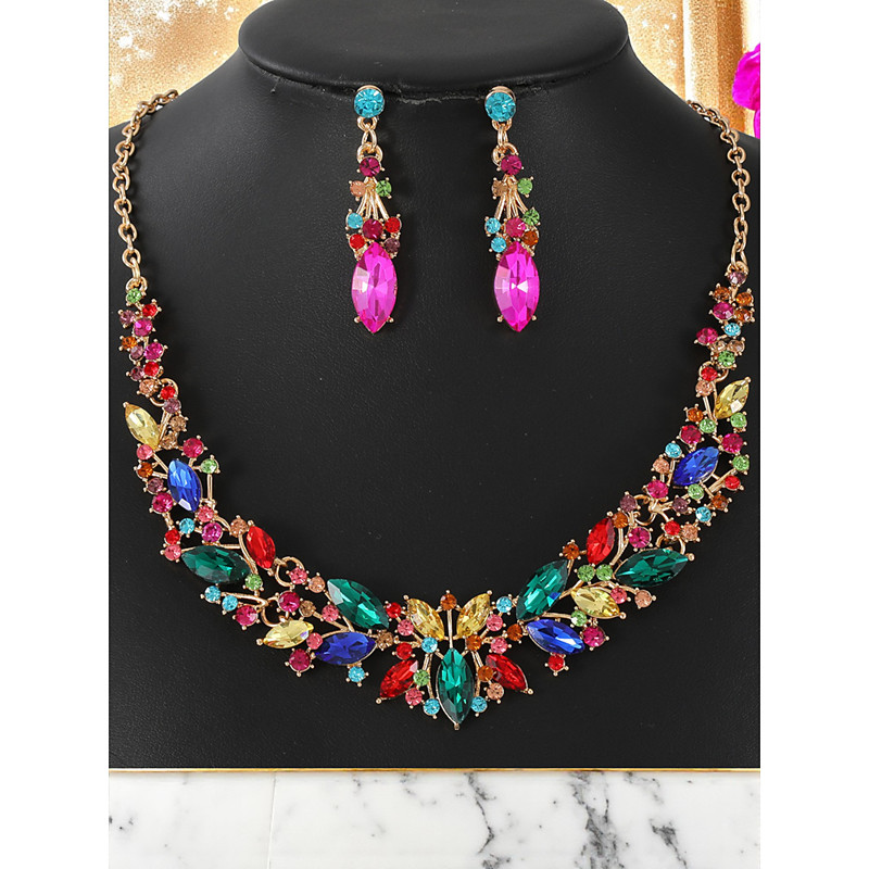 Women's Emerald Green Crystal Necklace and Earrings Set, Elegant Gold-Plated Jewelry for Evening Gala, Prom Cocktail Party