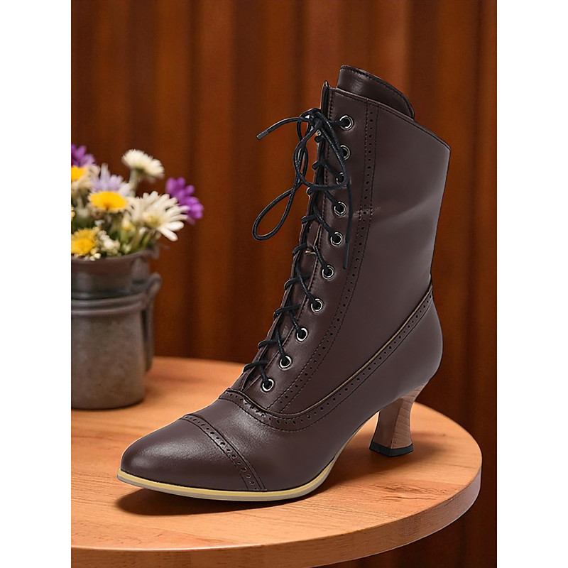 Women's Red Victorian Edwardian Lace-Up Ankle Boots with Kitten Heel and Brogue Detailing - 1920s Retro Steampunk Style Dress Boots for Ladies, Perfect for Parties, Cosplay Historical Outfit