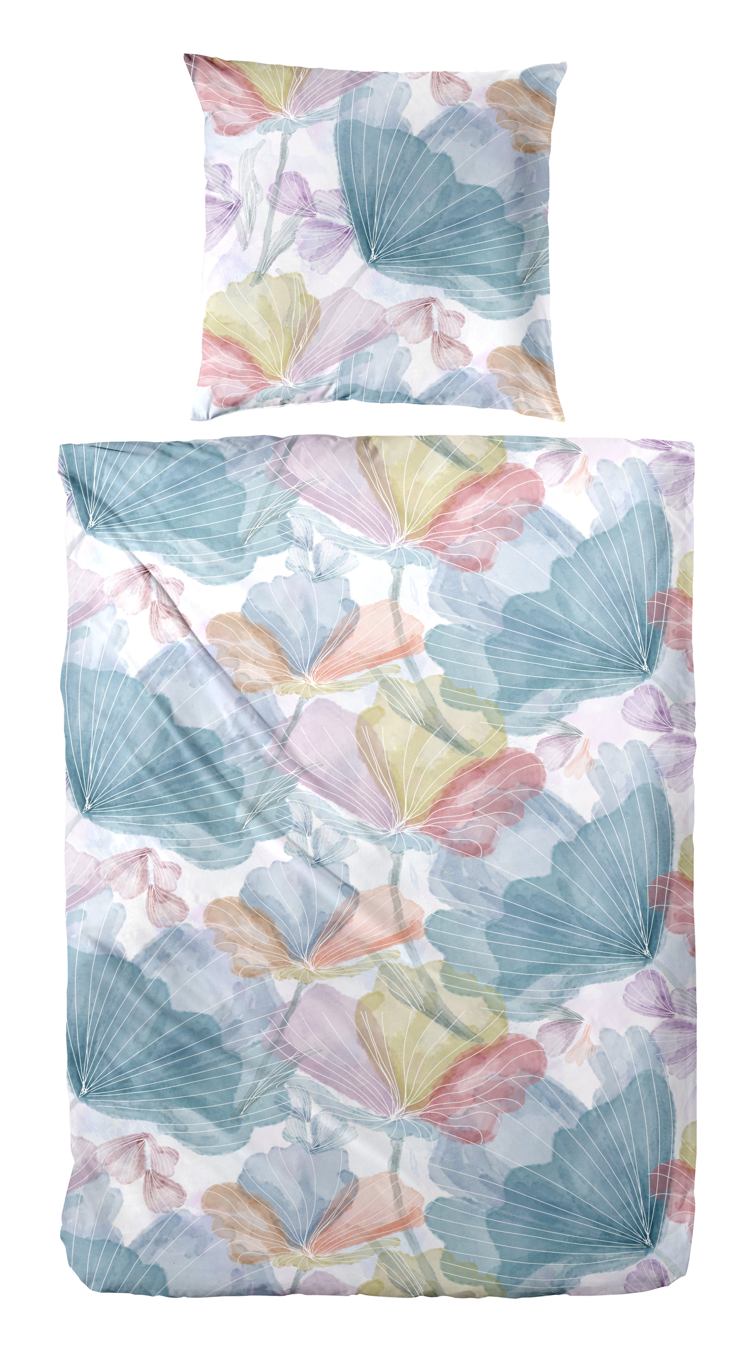 Bettwäsche PRIMERA "Mako-Satin -Bettwäsche Lucida", blau, B/L: 155cm x 220cm, 1 Stk., 1 Stk., Mako-Satin, B/L: 80cm x 80cm, 2 Stk., Mako-Satin, Obermaterial: 100% Baumwolle, Bettwäsche, mit frischem Blumendesign Image