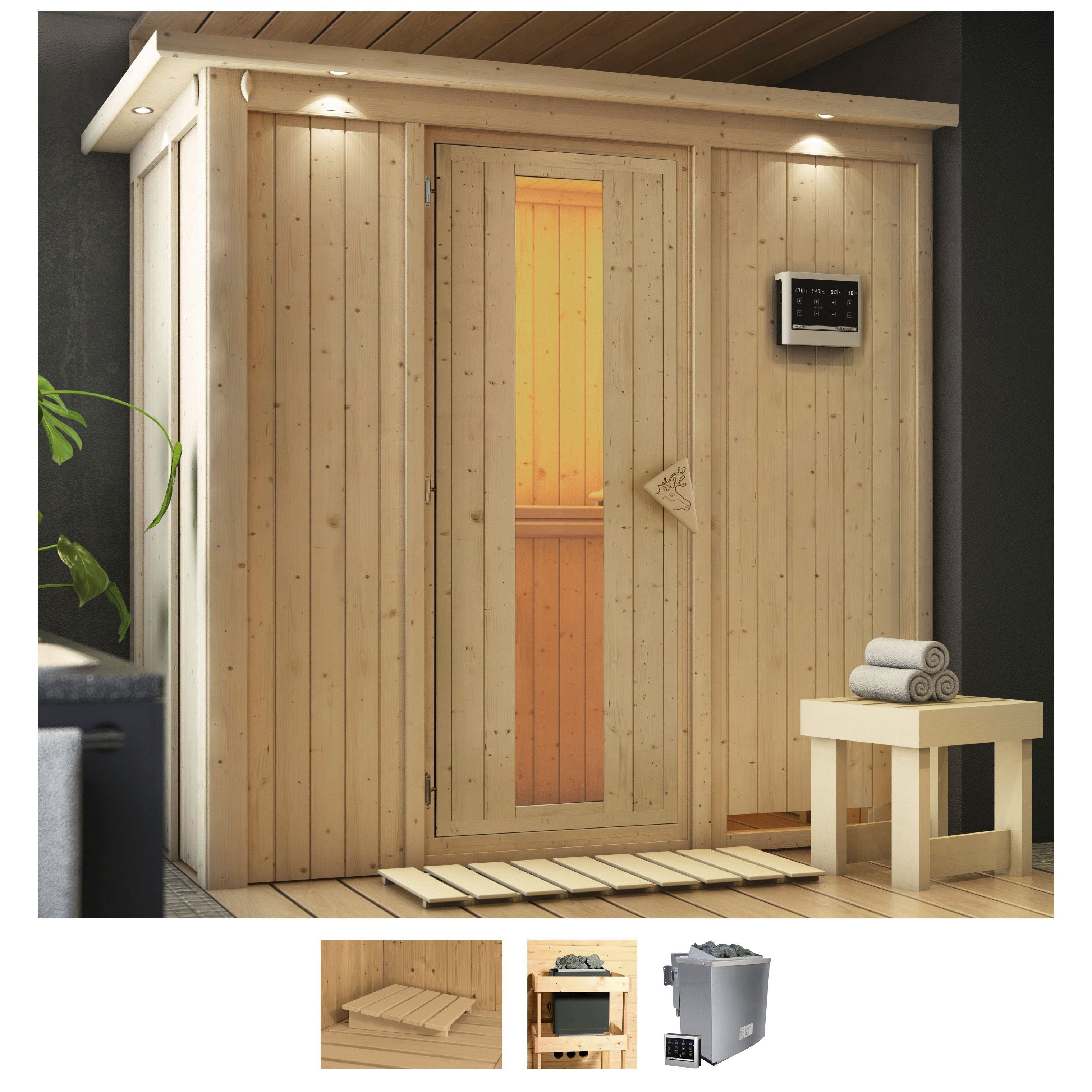 Sauna KARIBU "Vada", beige (naturbelassen), Bio-Kombiofen, externe Steuerung, 9, Saunen, 9 KW-Bio-Ofen mit externer Steuerung Image