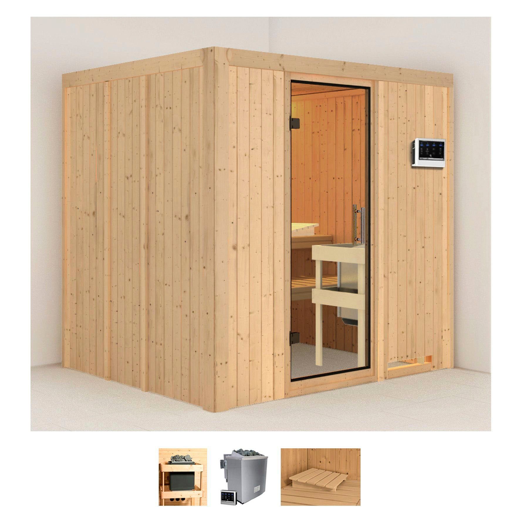 Sauna KARIBU "Sodin", beige (naturbelassen), Bio-Kombiofen, externe Steuerung, 9, Saunen, 9 KW-Bio-Ofen mit externer Steuerung Image