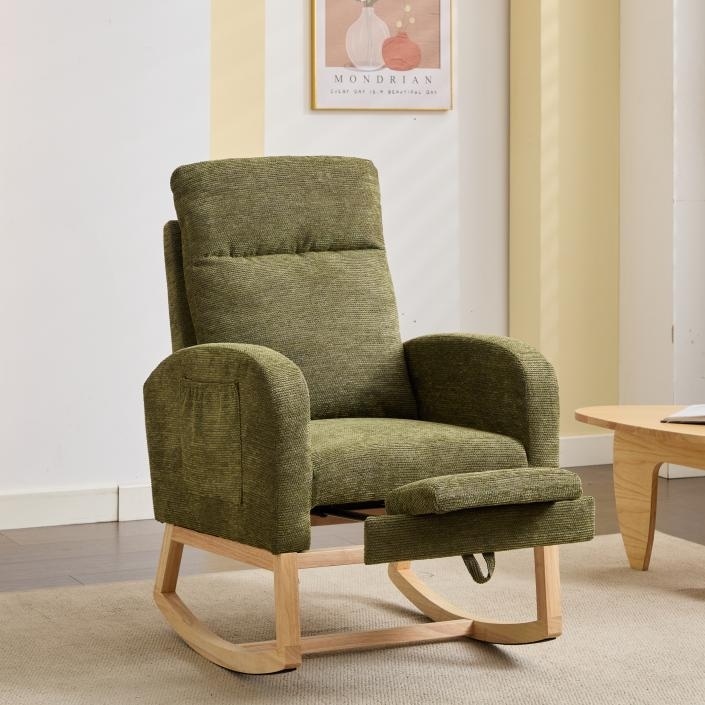 Rocking Chair Rocking Chair With Solid Wood Legs, Upholstered Nursery Glider Rocker, Comfy Armchair With Side Pocket