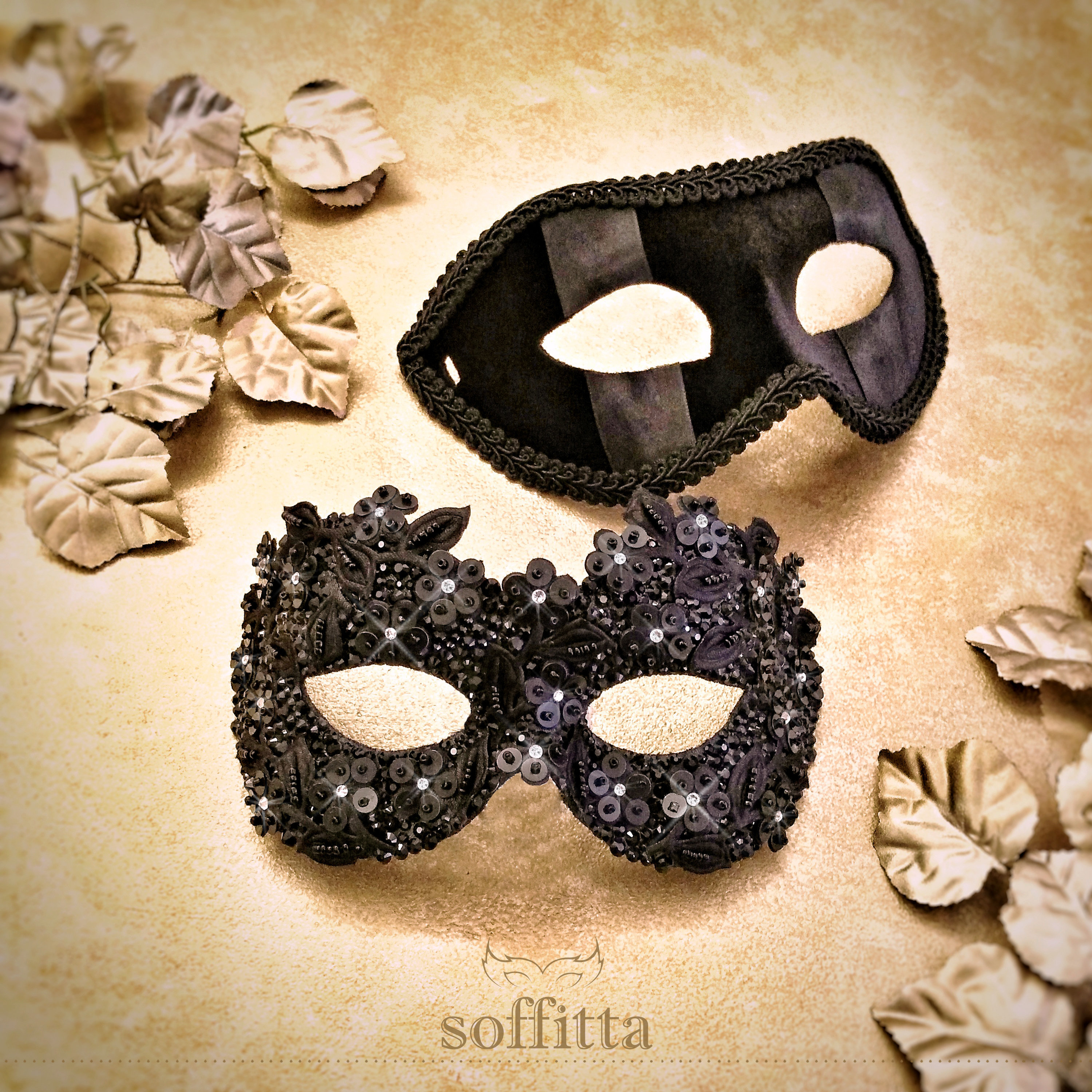 Schwarze Perlen und Samt Paare Masquerade Maske - verzierte Masquerade Ball Maske für Frauen und Männer - Braut und Bräutigam Maske