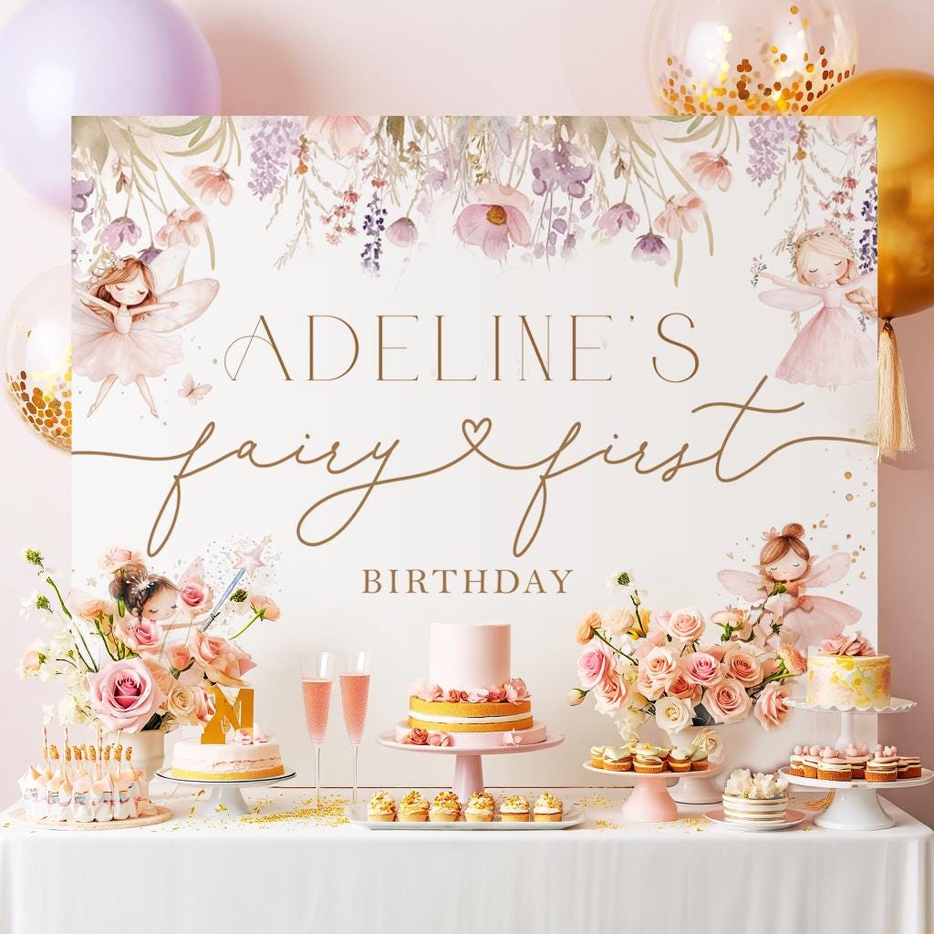 Fee 1. Geburtstag Hintergrund Mädchen, Fee 1. Geburtstagsparty, Garten, erste Geburtstagsfee, Geburtstagskind Hintergrund Banner Fee erstes Poster