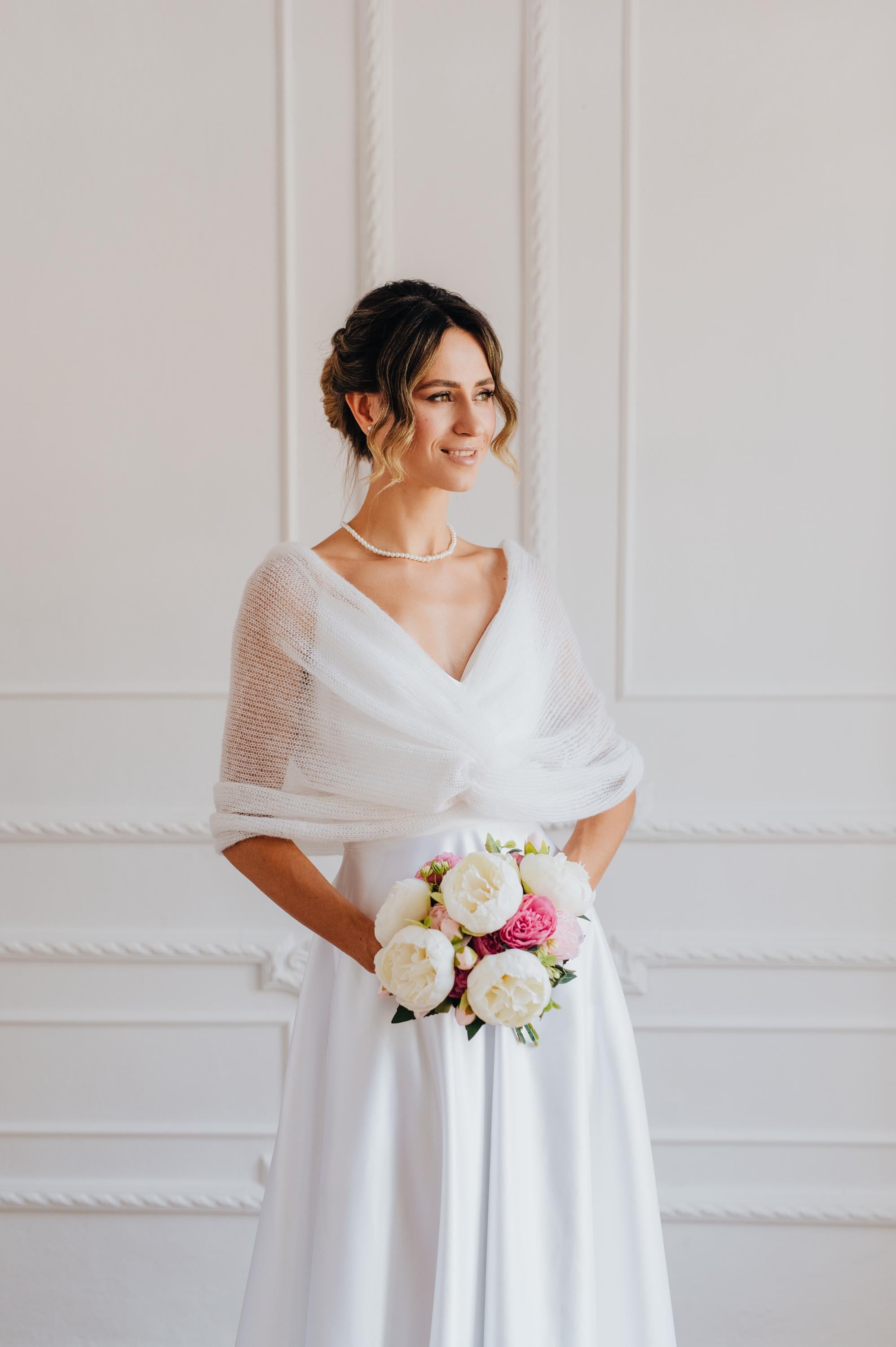 Weißer Schal Hochzeit Wrap Mohair Cover up Braut Shrug Weißer Umhang Hochzeits-Schal Mohair Shrug Braut Stola