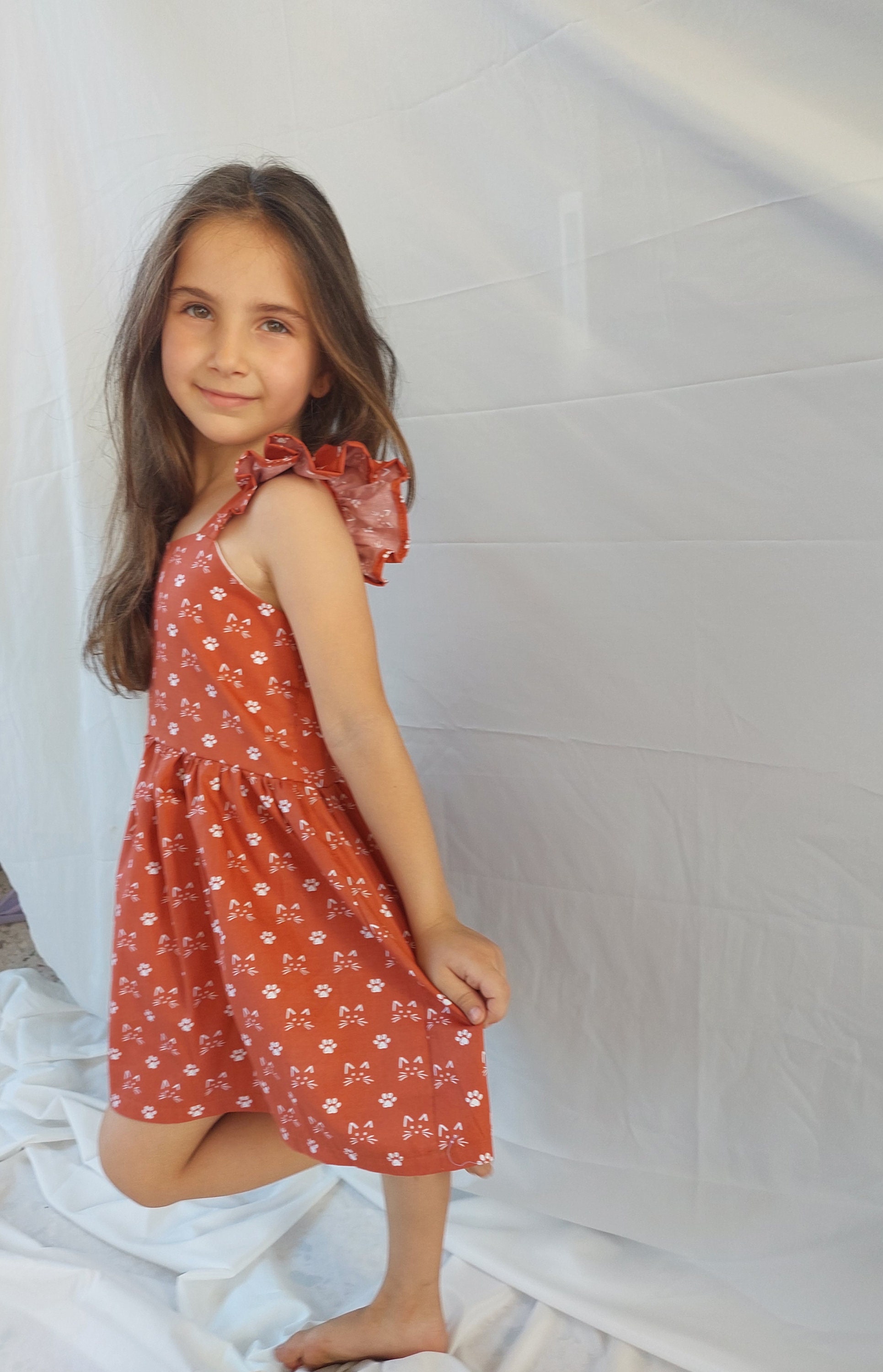 Terrakotta Mädchenkleid mit Katzen, Katzenkleid, Katze Kleinkind Kleid, Katzenmädchen Kleid, Sommerkleid mit Katzen, Terrakotta Mädchenkleid, Katzenkl