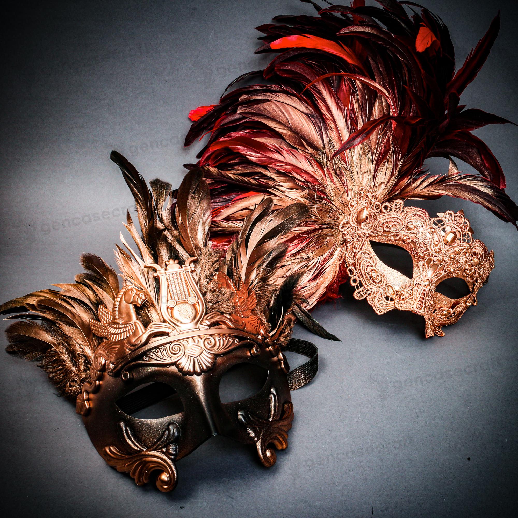 Venezianische His & Hers Masquerade Maske für Paare, 2 Stück Feder Masquerade Ball Maske für Frauen und Männer, Rote Feder venezianische Maske, Kriege