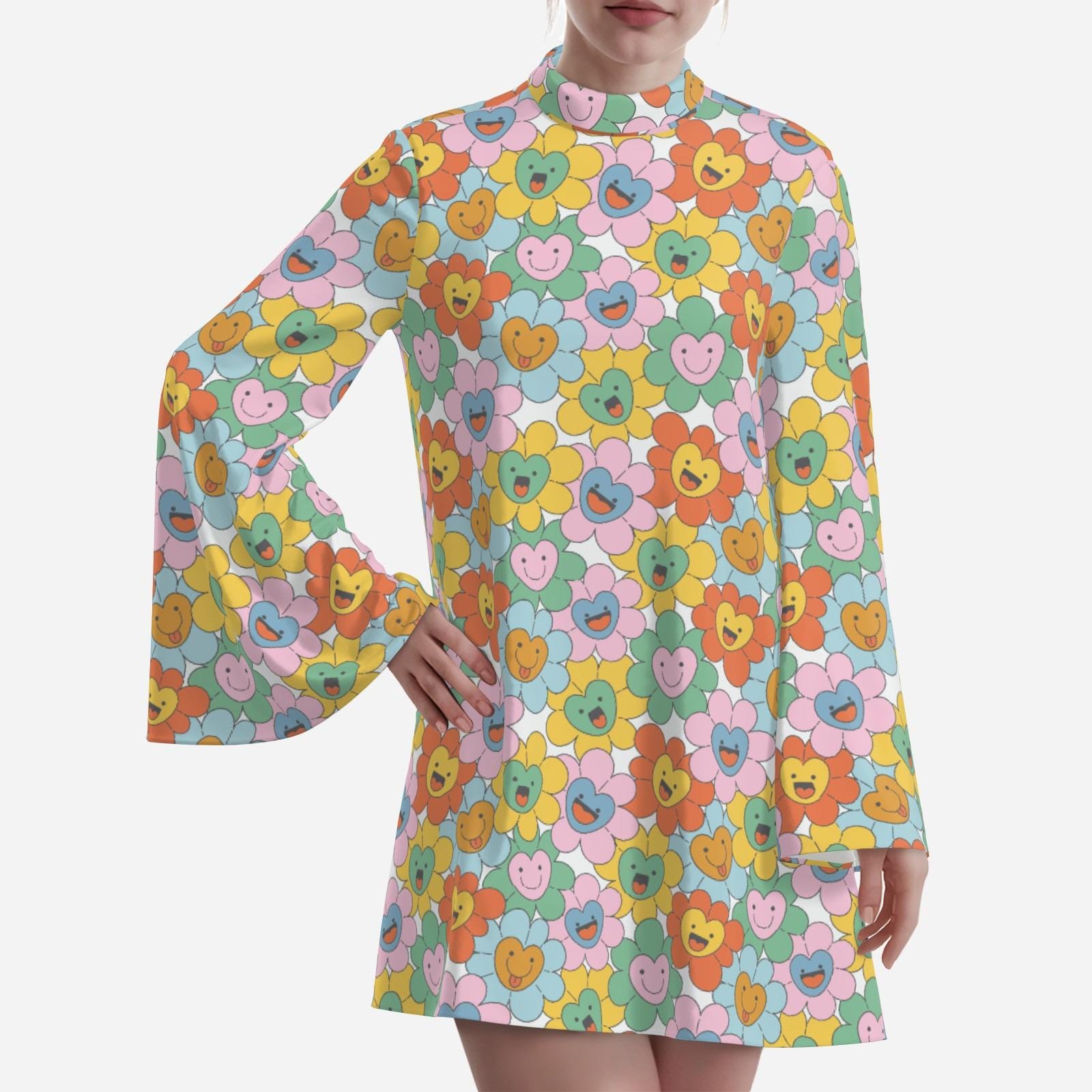 70er Jahre Kleid Kleid, Disco Bell Ärmel Kleid, Kawaii Smiley Face Floral 70er Jahre Kleidungsstil | Retro Hippie Kleid mit Glockenärmeln, 70er Jahre