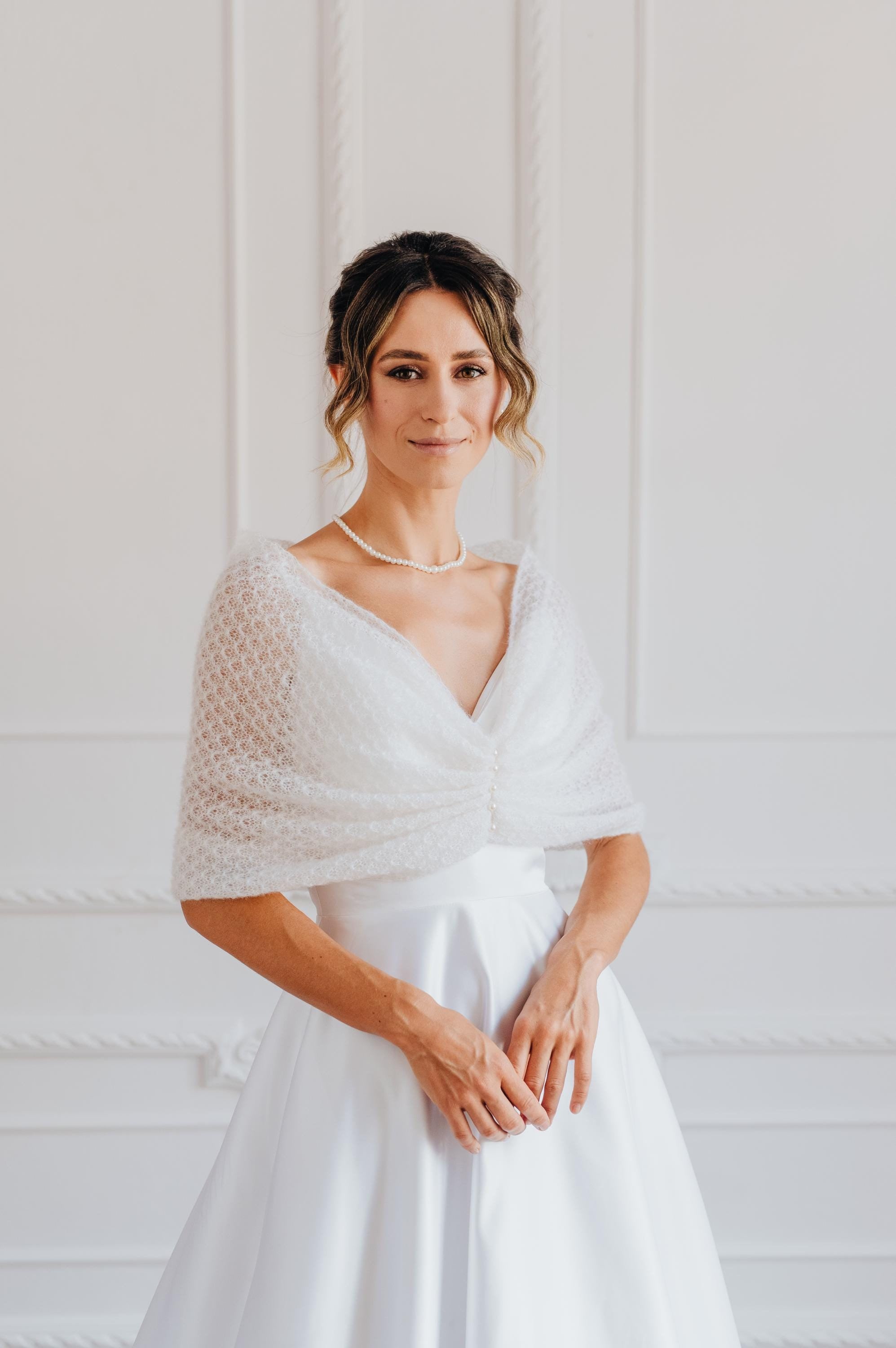 Weißer Wrap Bolero Schal mit Perlen Mohair Wrap Hochzeit Schal Schal Weiß Shrug Bolero Braut vertuschen Mohair Schal Frauen Braut Cape