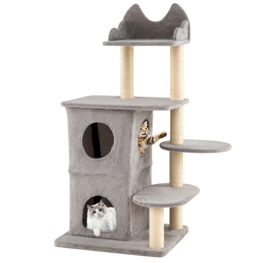 Costway 48.5 inch Cat Tree with 2-story Condo and 3 Hideaway Caves for Large Cats-Gray