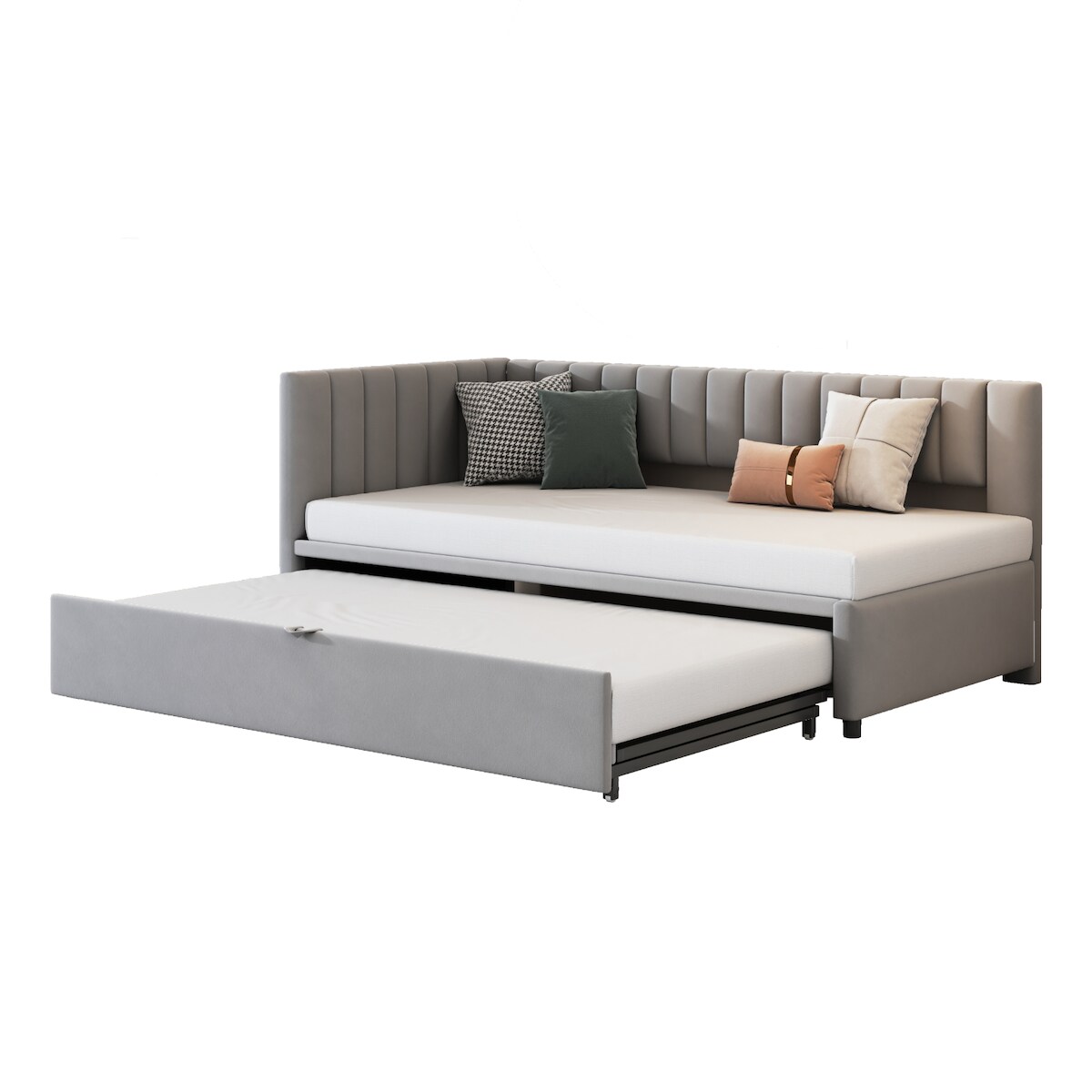 OKWISH L-förmiges Schlafsofa 90x200 cm mit ausziehbarem Bett, Samtpolster, Push-Pull-Mechanismus, Platzsparend, bequemes Schlaf- und Sitzmöbel,Grau Image