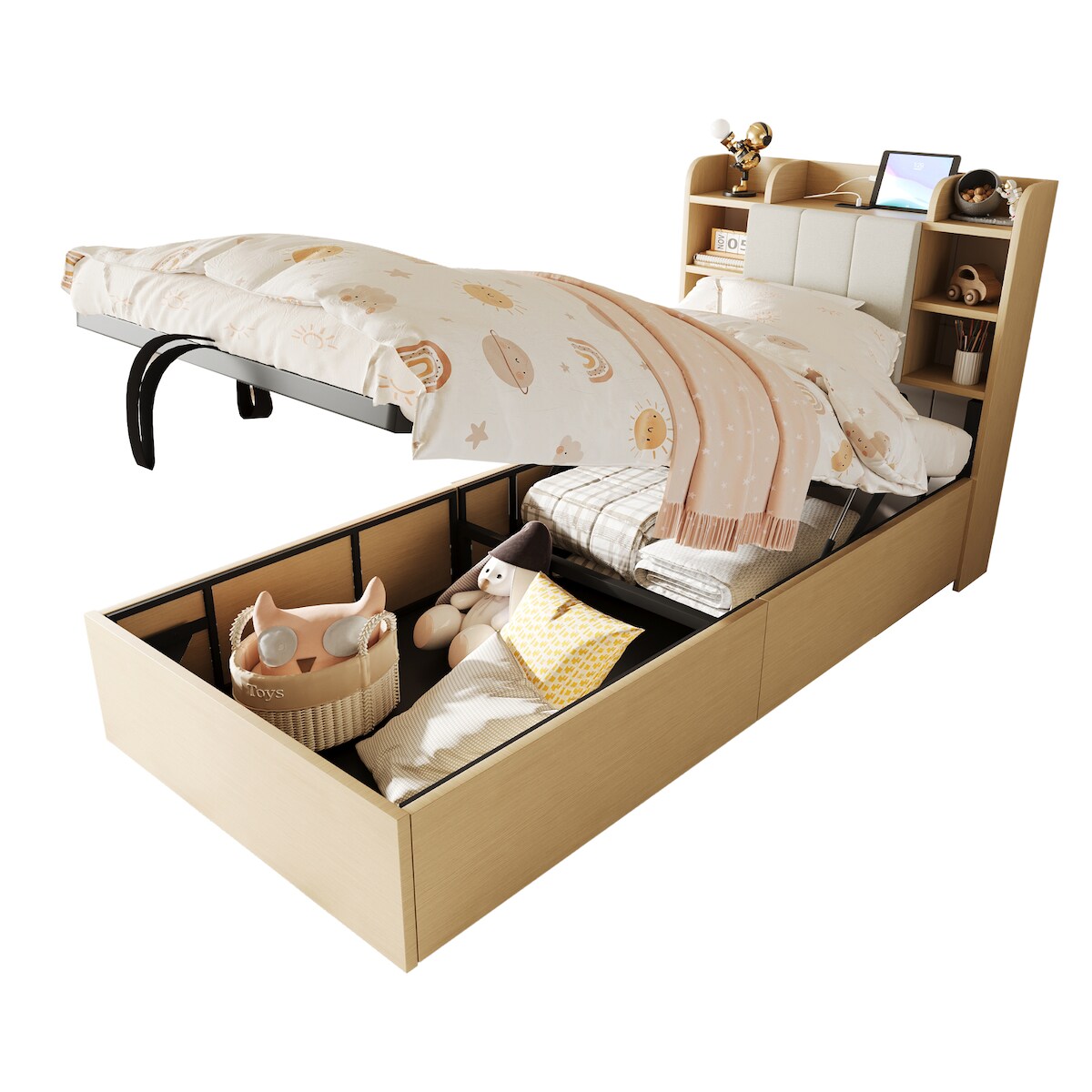 OKWISH Multifunktionsbett 90×200 mit hydraulischem Stauraum, USB-und Type-C-Anschluss, Kopfteilablagen,robustem MDF Holzrahmen, modernes Einzelbett,Naturholz Image