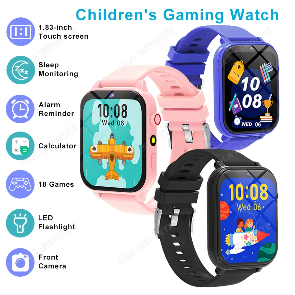 LED-Kinder-Gaming-Uhr, 18-Spiele, Wecker, Taschenrechner, Schlafüberwachung, Kinder-Smartwatch mit Kamera, Akku mit hoher Kapazität Image