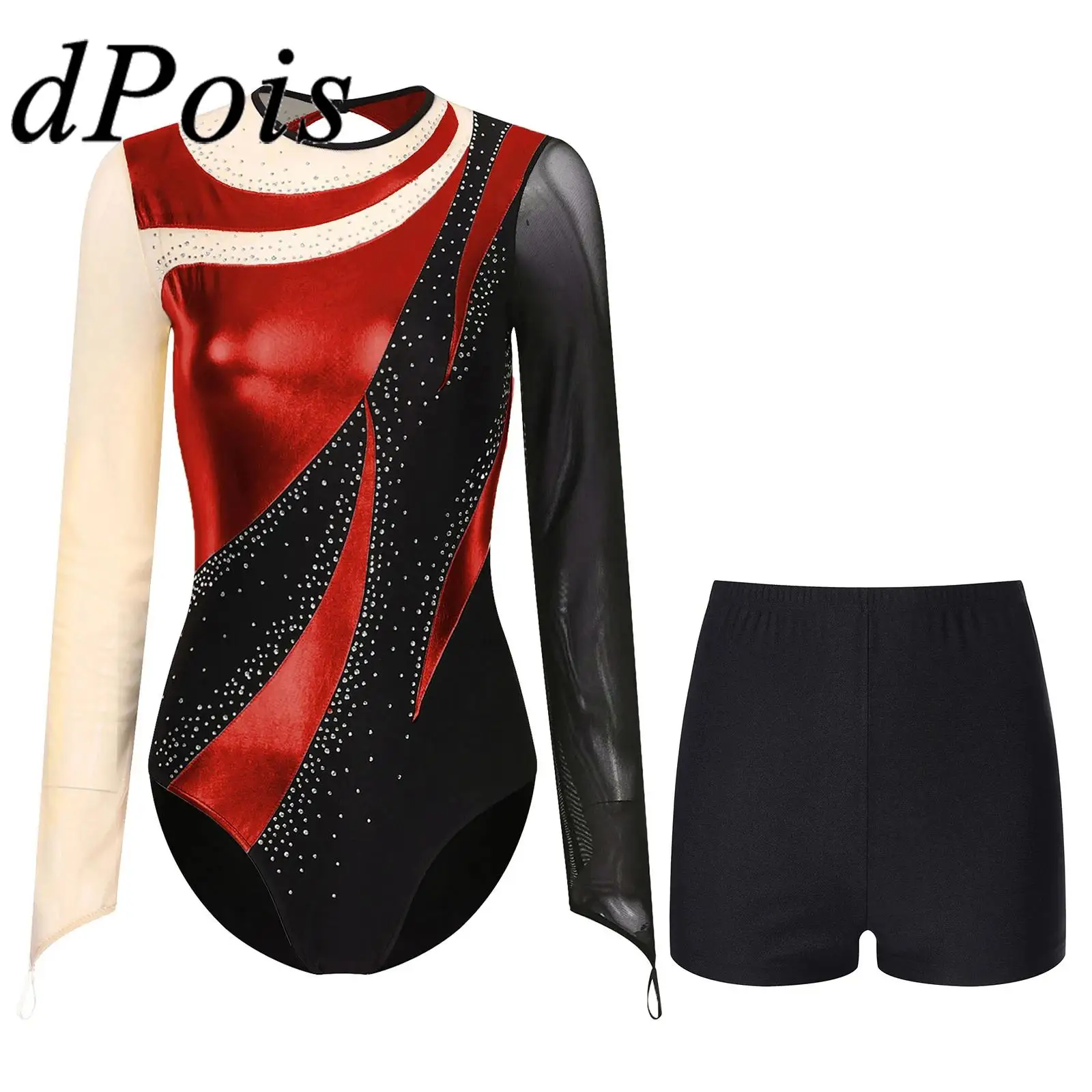 Tute da ginnastica ritmica Lady per le donne Abiti da danza classica Pattinaggio di figura su ghiaccio Body Femme Body metallizzato con pantaloncini