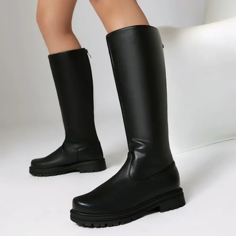 Retro Schwarz Dicken Boden Lange Stiefel Frauen 2025, Herbst Pu Leder Kniehohe Stiefel Frau Plus Größe 44, Seite Zipper Plattform Schuhe Image