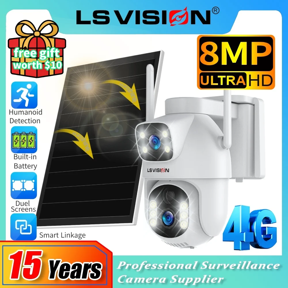 LS VISION Ubox 4K PTZ Solarkamera 4G SIM Dual Screen Outdoor Überwachungskamera PIR Auto Tracking 10000mAh Batterie CCTV Cam Image