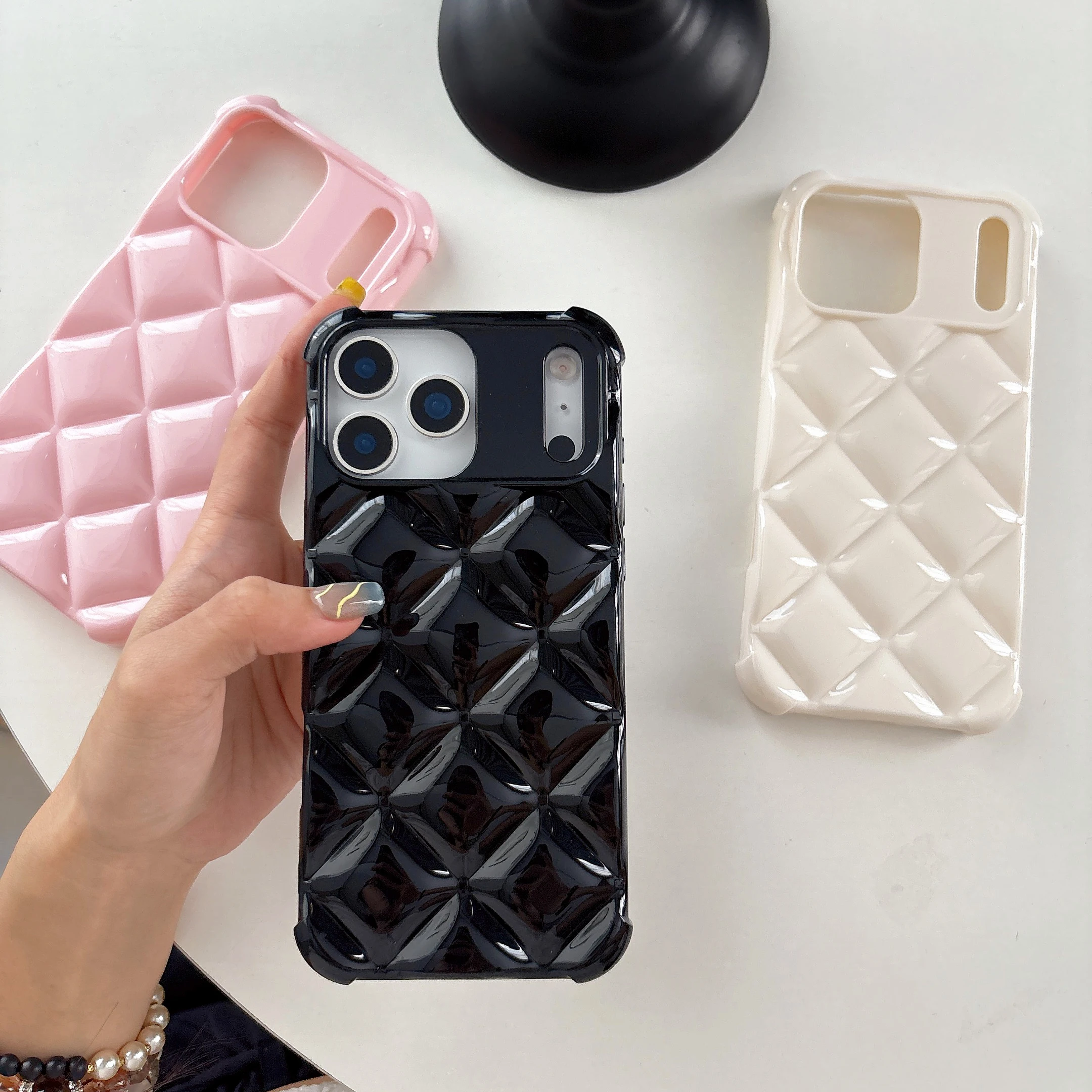 Luxuriöse 3D-Süßigkeitsfarben-Gitter-stoßfeste Hülle für iPhone 17, Air 16, 15, 14, 13, 12, 11, Pro Max, Mini Plus, glänzende Silikon-Stoßstangenabdeckung Image