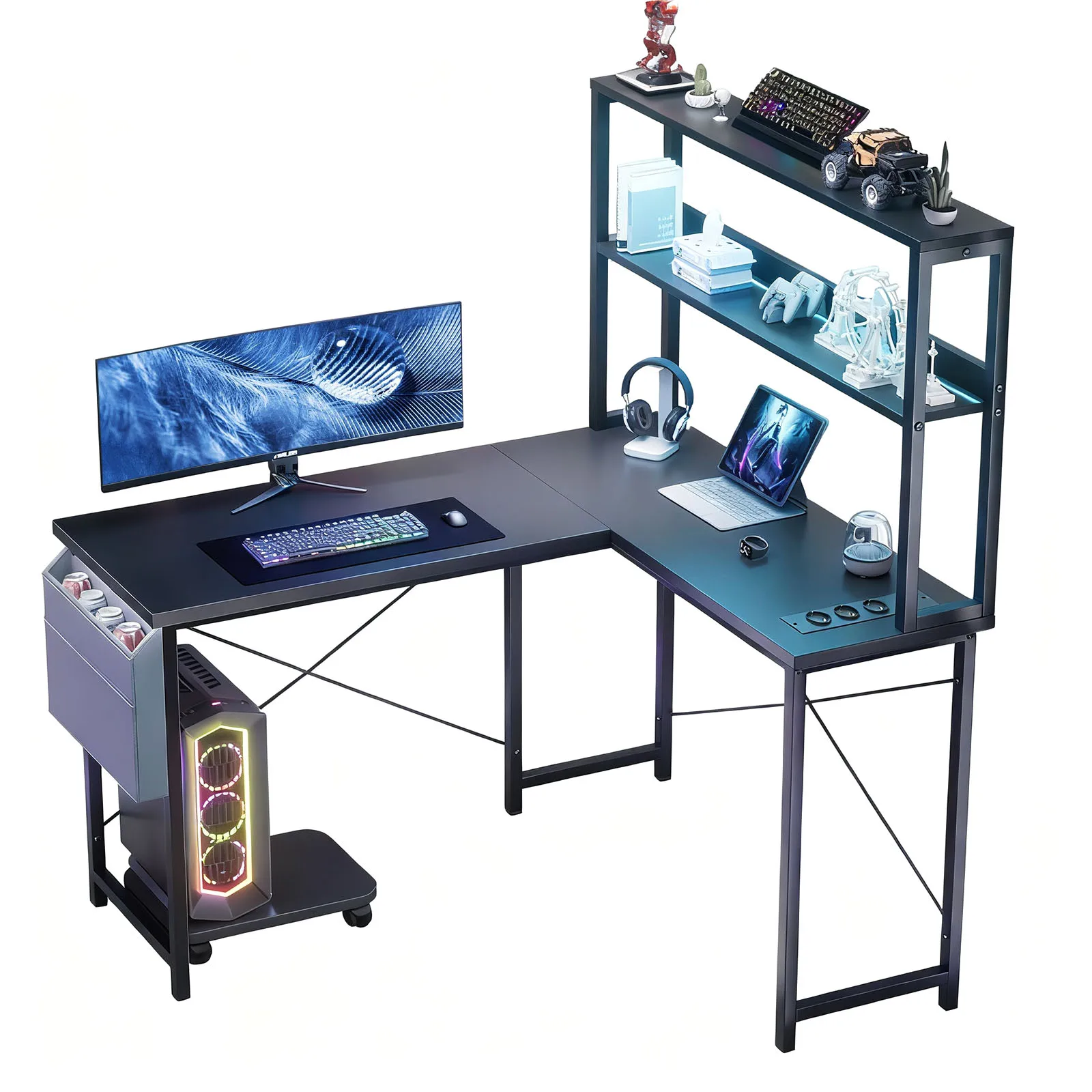 Scrivania da gioco a forma di L da 148 cm con ripiano e illuminazione a LED RGB Scrivania angolare Tavolo per computer Presa integrata