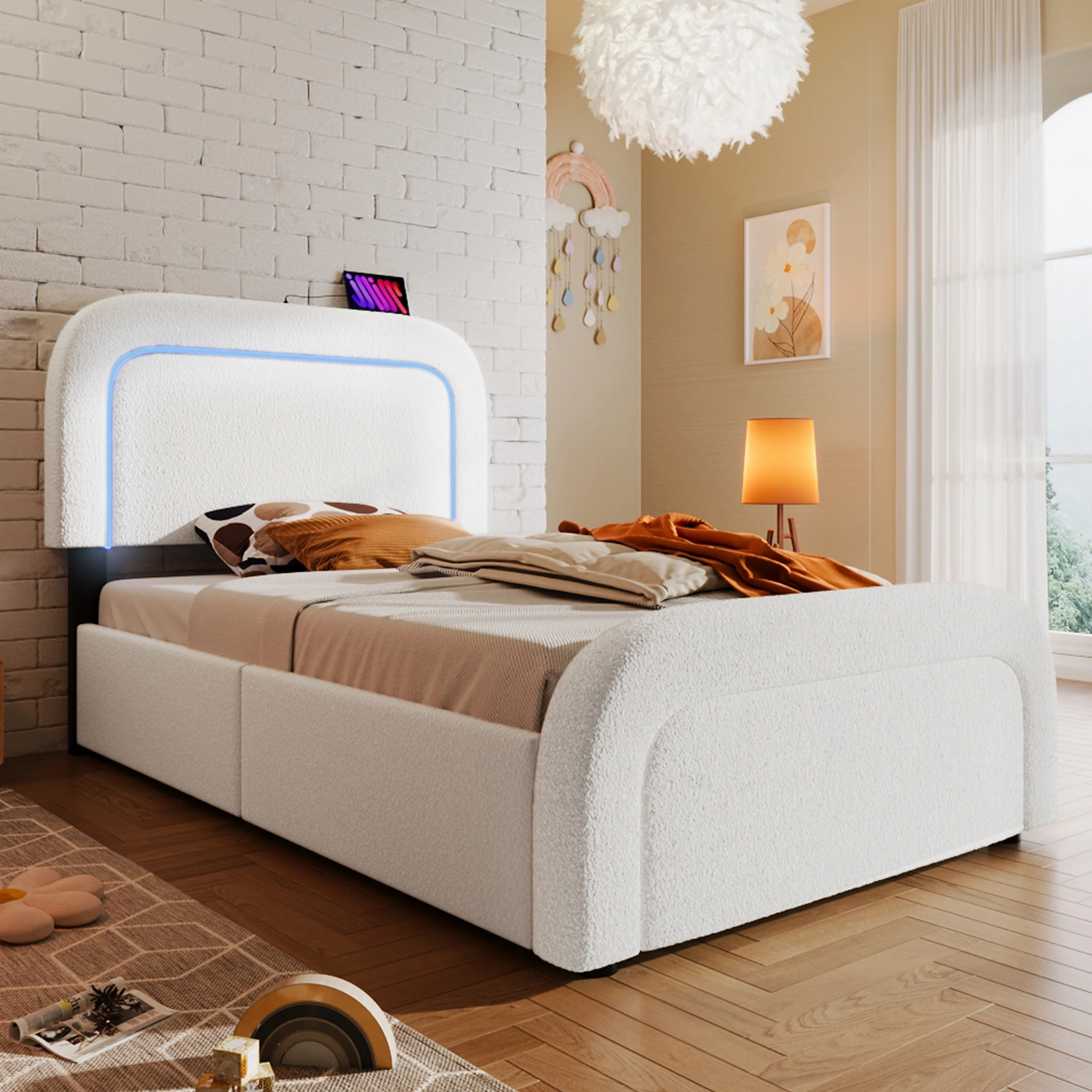 KOMHTOM Polsterbett, USB Typ C Ladefunktion, LED-Beleuchtung, 4 Schubladen, höhenverstellbares Kopfteil, ohne Matratze Image