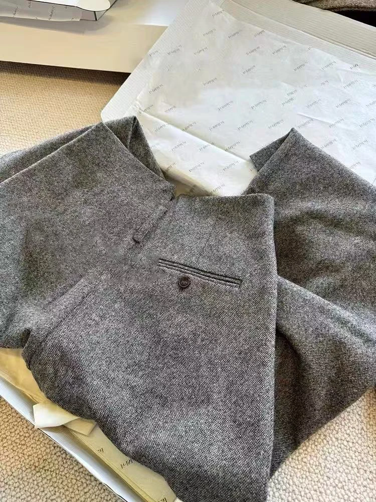 Herbst Woolen Machete Hosen Frauen Y2K Hohe Taille Lose Beiläufige Breite Bein Hosen Koreanische Winter Warme Streetwear Gerade Hosen Image