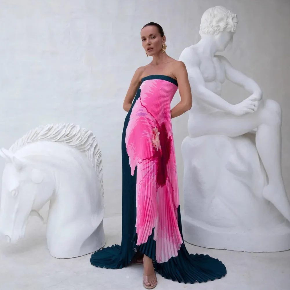 Women Fashion Pleated Position Printed Strap Breast Swing Dress Summer Elegant Sexy Backless Ladies Loose Seaside Vacation Dress