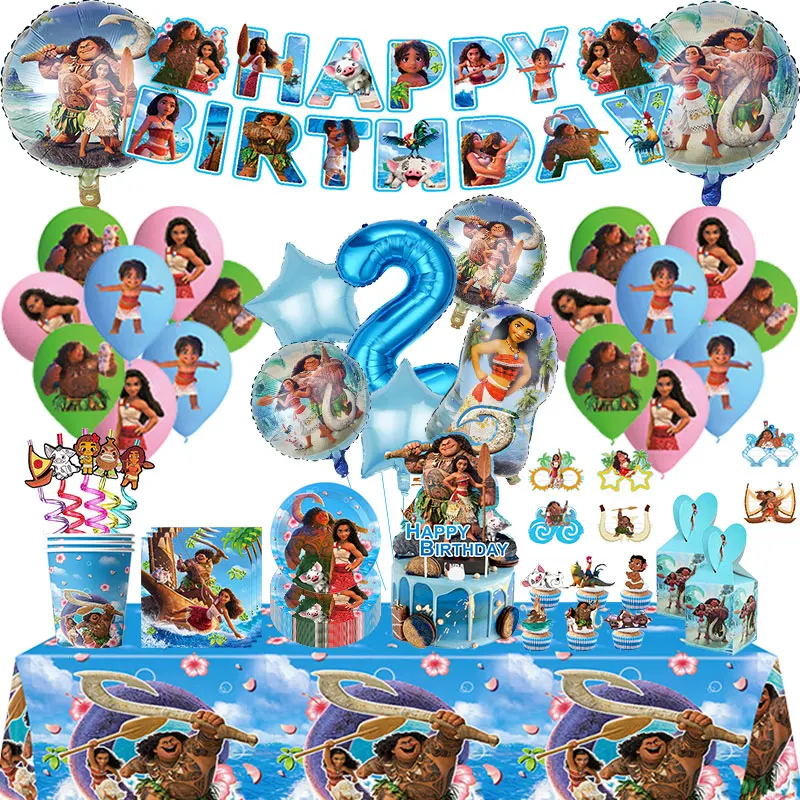 Moana Happy Birthday Decoration Tableware 2nd Balloons Kit Moana Vaiana Tablecloth Cake Toppers Banner Party Supplies Kids Girls