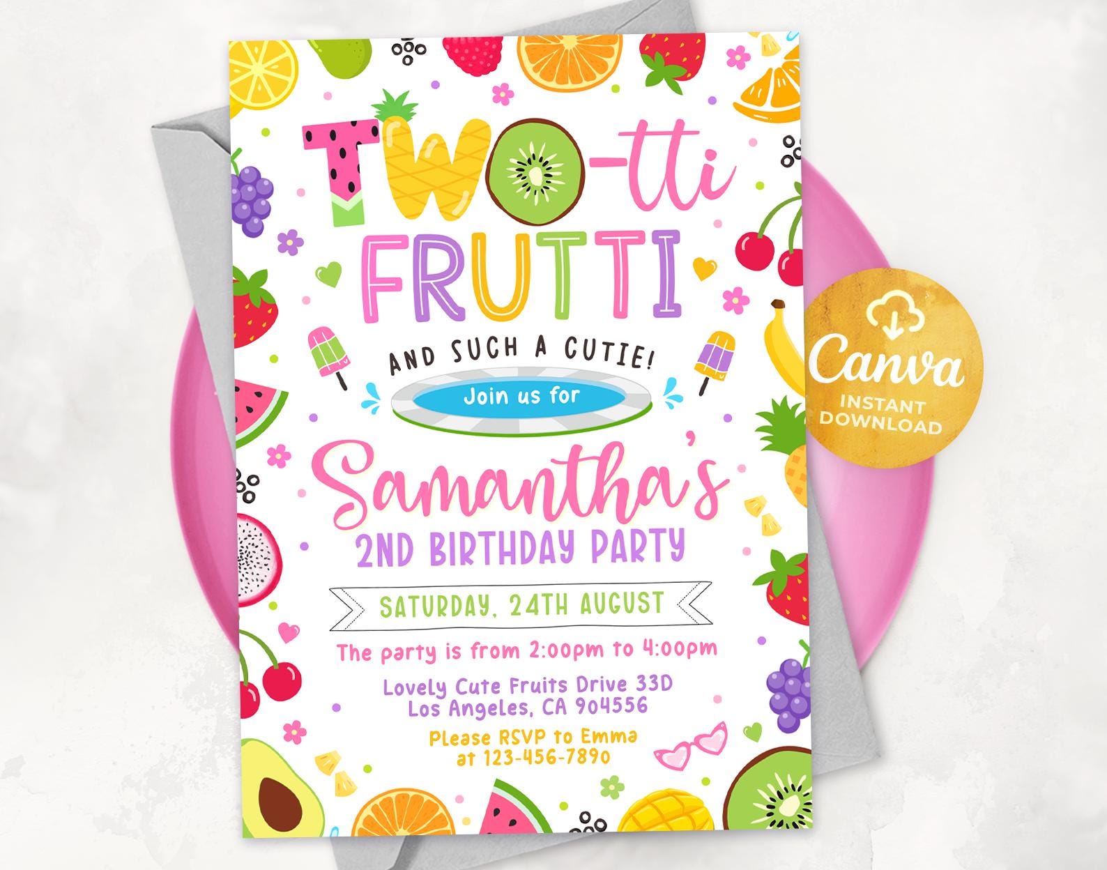 Invito Twotti Frutti, invito per il secondo compleanno, invito di compleanno Twotti Frutti, invito estivo alla frutta, modificabile Canva 2501