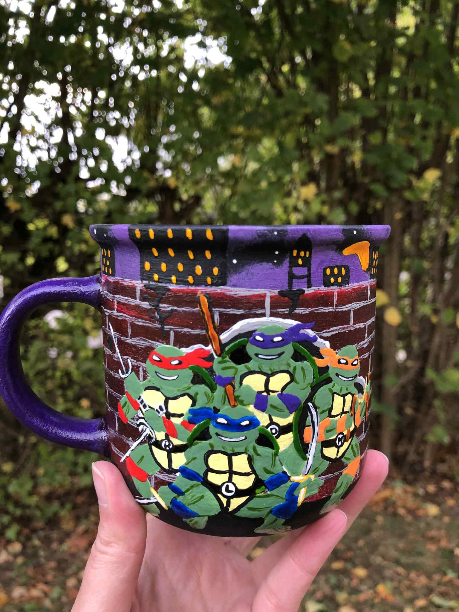 Tazza Teenage Mutant Ninja Turtles, Cavaliere in scala, anni '90 retrò, bambino retrò, cartone animato, pizza, nostalgia, infanzia, Teenage Mutant Nin