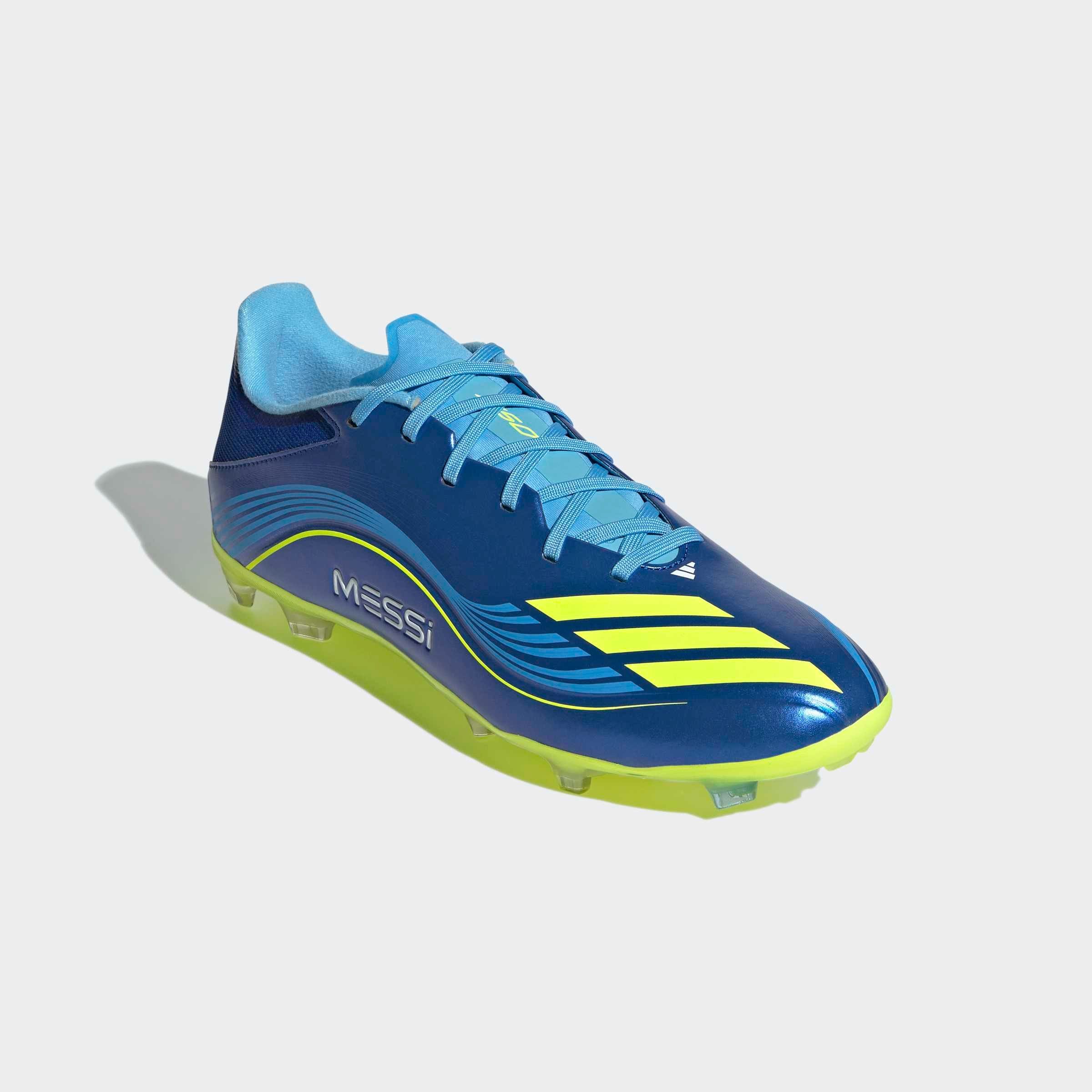 Fußballschuh ADIDAS PERFORMANCE "F50 MESSI LEAGUE FG/MG", Damen, Gr. 46, royal blau, solar gelb, semi blau burst, Synthetik, Schuhe Fußballschuh, geeignet für Rasen- und Kunstrasenplätze