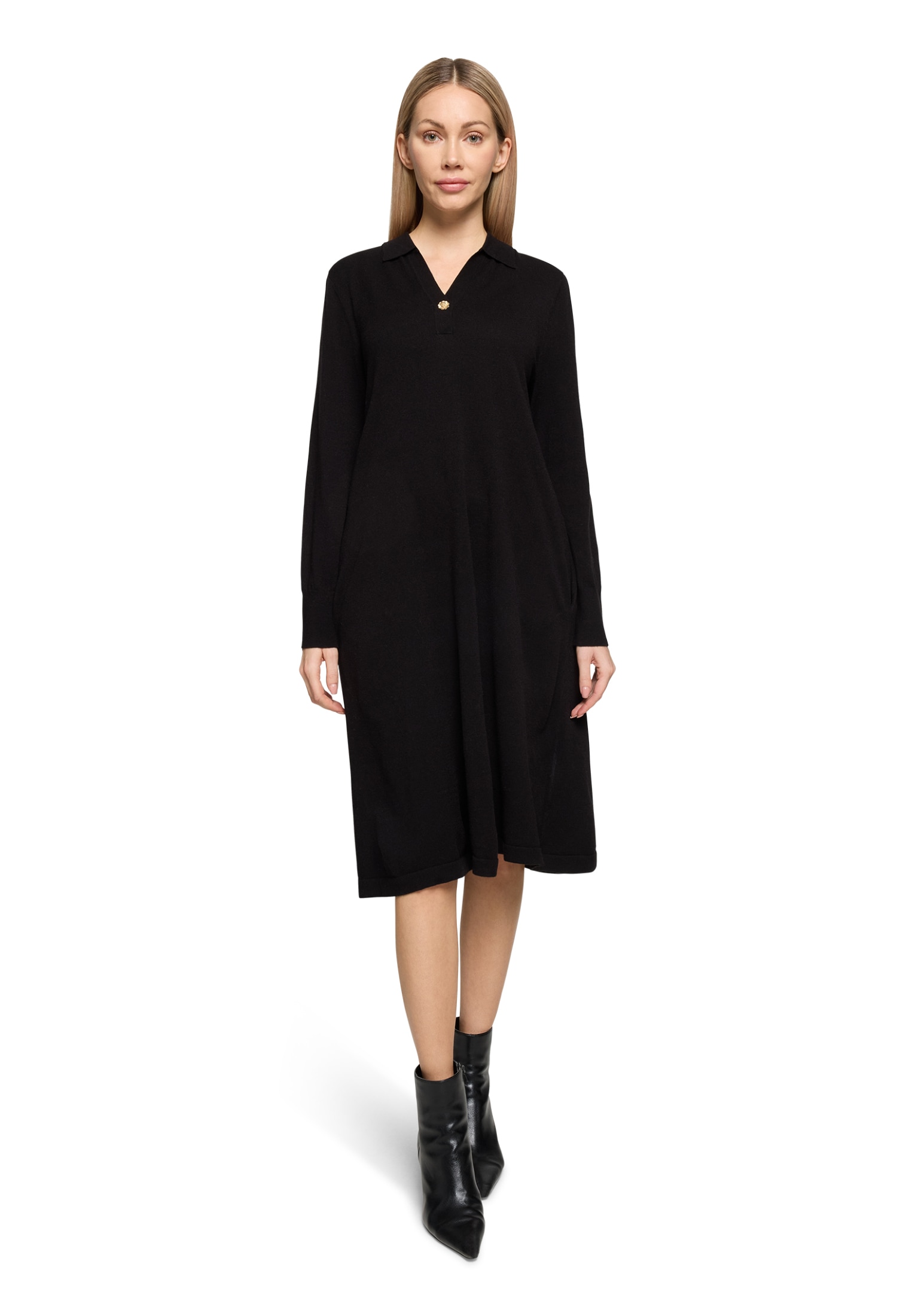 Strickkleid CARTOON "Damen mit Kragen", Damen, Gr. 36, Normalgrößen, schwarz, Obermaterial: 42% Polyacryl, 30% Polyester, 21% Polyamid, 7% Wolle, ausgestellt lang, V-Ausschnitt, Kleider Strickkleid