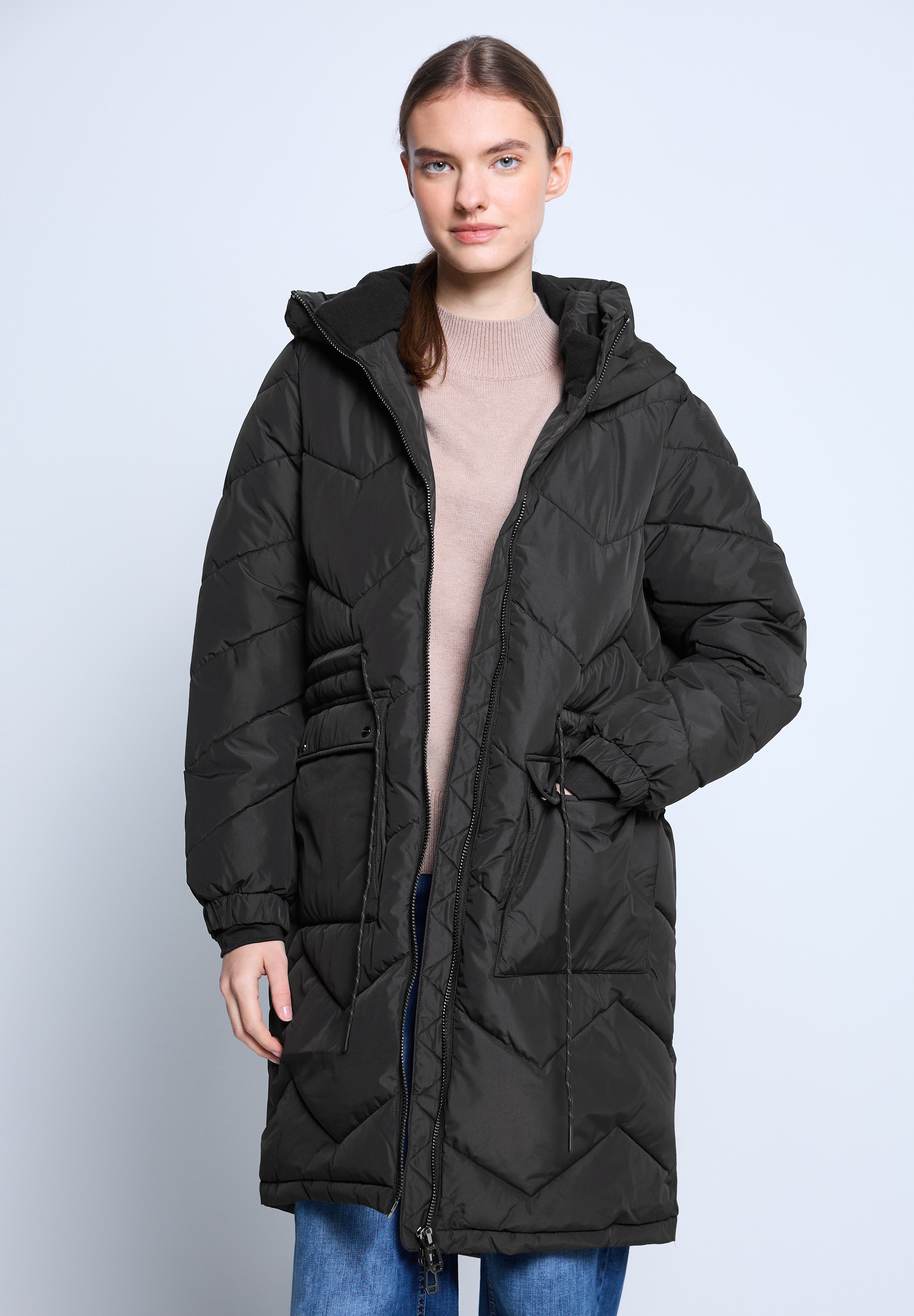 Steppjacke STREET ONE STUDIO, Damen, Gr. 34, schwarz, Stoff, Obermaterial: 100% Polyester; Futter: 100% Nylon; Füllung: 100% Polyester, unifarben, comfort fit normal, ohne Ausschnitt, Bündchen, Jacken, mit Kapuze Image