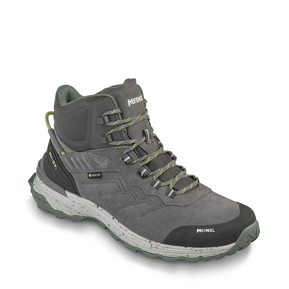 Wanderschuh MEINDL "Meindl Dallas Mid GORE-TEX grau/gelb", Herren, Gr. 47, schwarz, Mesh, Veloursleder, unifarben, Schuhe Wanderschuh, GORE-TEX – Winddicht, wasserdicht und atmungsaktiv