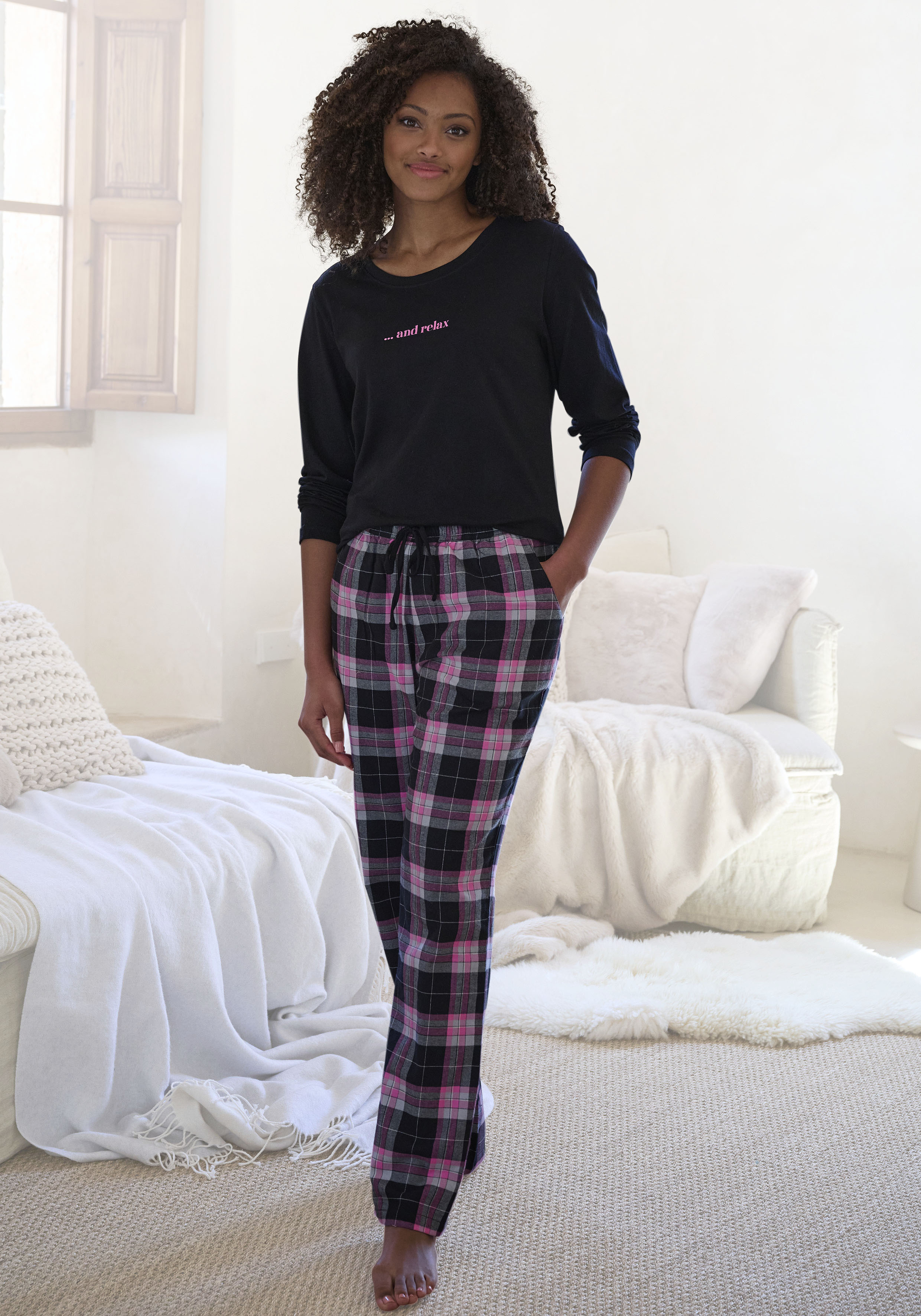 Pyjama VIVANCE DREAMS, Damen, Gr. 40, pink, Flanell, Obermaterial: 100% Baumwolle. Oberteil: 100% Baumwolle, mehrfarbig, meliert, lang, Rundhals, Homewear-Sets Pyjama, aus kuschelig weichem Flanell Image