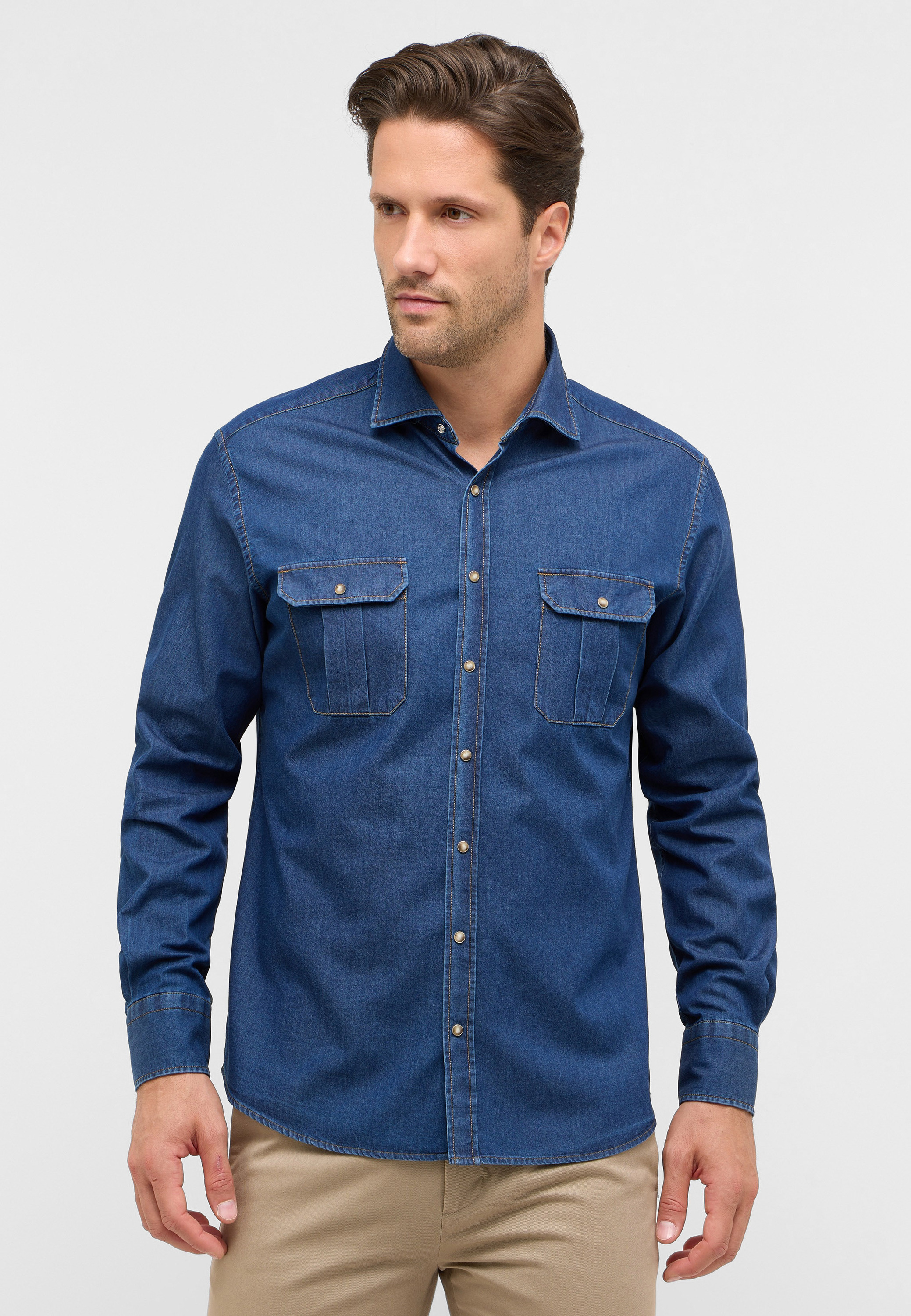 Langarmhemd ETERNA "MODERN FIT", Herren, Gr. 46, Normalgrößen, dunkelblau, Twill, 100% Baumwolle, tailliert, Manschette, Hemden, EASY IRON (bügelleicht) Image