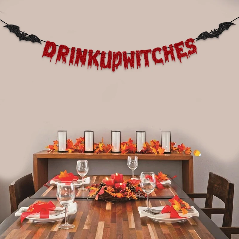 1pc Drink Up Witches Halloween Party Decoration Banner Pull Flag, Halloween Background Decoration Supplies, Party Decorations