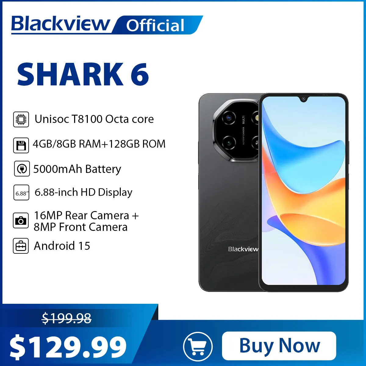 Blackview SHARK 6 5G Smartphone Android 15, téléphone portable Unisoc T8100 6.88 ''120Hz affichage 8GB/128GB, 5000mAh téléphone portable débloqué