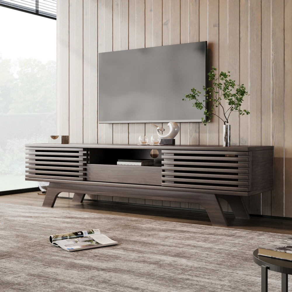 Panneau TV meuble TV bas meuble TV design unique meuble TV couleur bois vintage avec un tiroir et deux portes