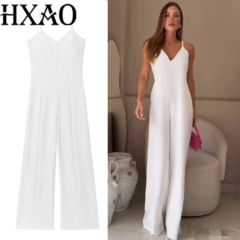HXAO Slip combinaison femme sans manches pleine longueur longues combinaisons été dos nu blanc combinaison décontracté jambe large combinaisons élégantes