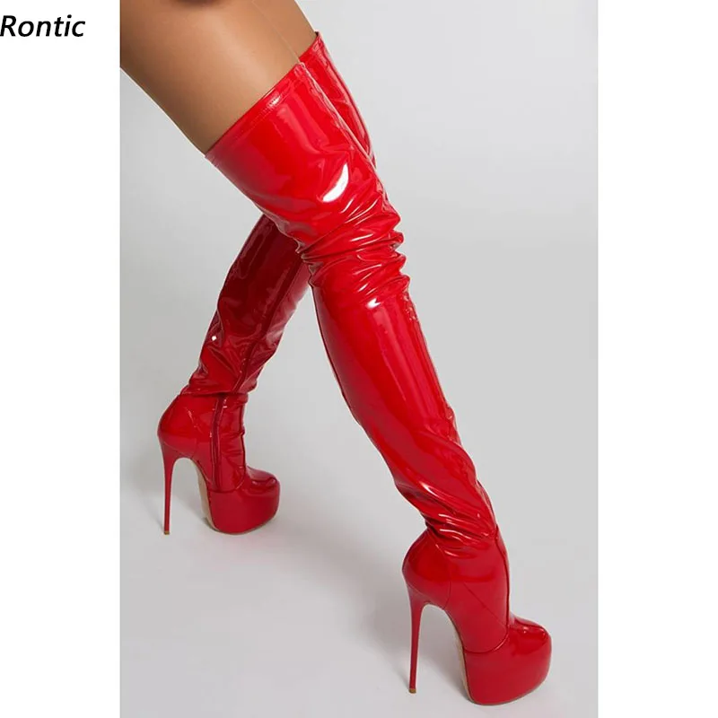 Rontic Damen Frühlings-Oberschenkelstiefel aus Lackleder mit seitlichem Reißverschluss, sexy Stiletto-Absatz, runde Zehen, rot, rosa, Nachtclub-Schuhe, US-Größe 5–20