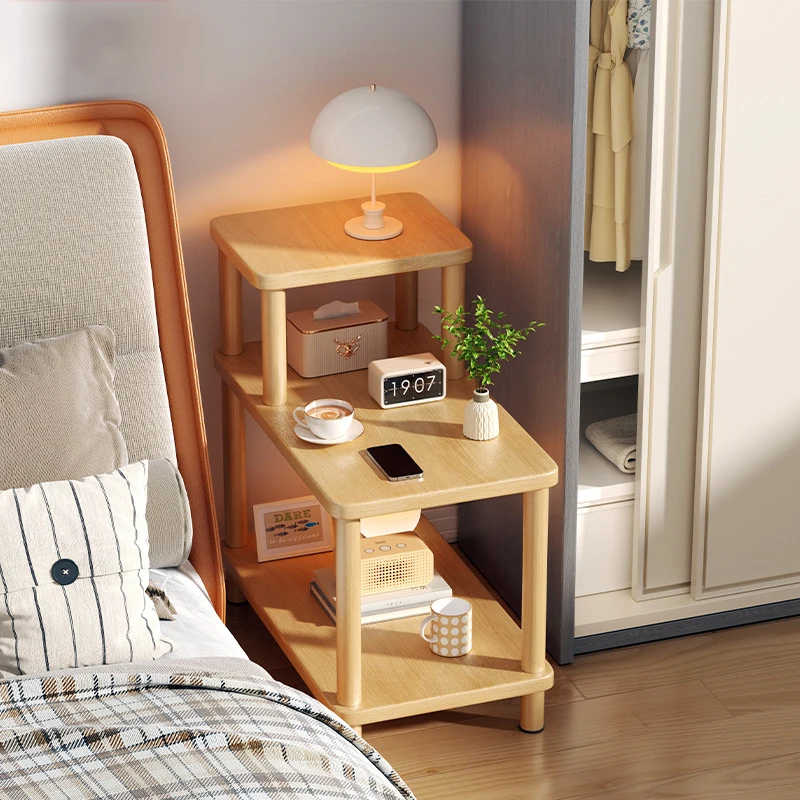 Einfacher Schlafzimmer-Nachttisch, Mietzimmer, mehrere Haushalte, Sofa-Seitenregal, schmaler kleiner Nachttisch aus Holz