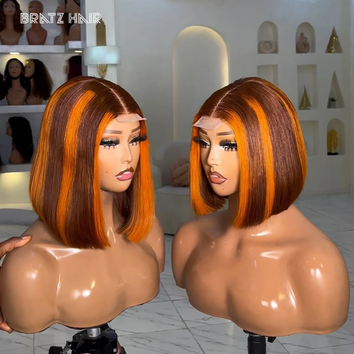 Super Double Drawn Vietnamese Straight 13x6 13x4 HD Lace Frontal Highlight Orange Bob Perücken Echthaar 2x6 Kim K Verschluss Bob Perücke