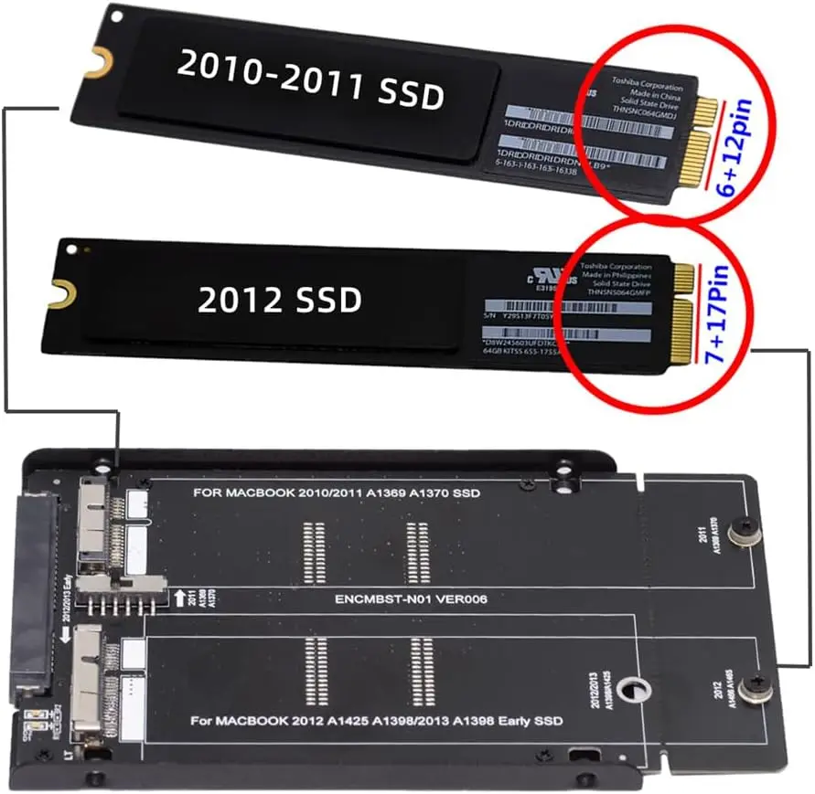 2,5 Zoll SATA 22Pin auf 2010 2011 2012 Mac Air Pro Retina SSD 12+6Pin 17+7Pin A1425 A1398 MC975 MC976 Gehäuse Gehäuse Konverter Image