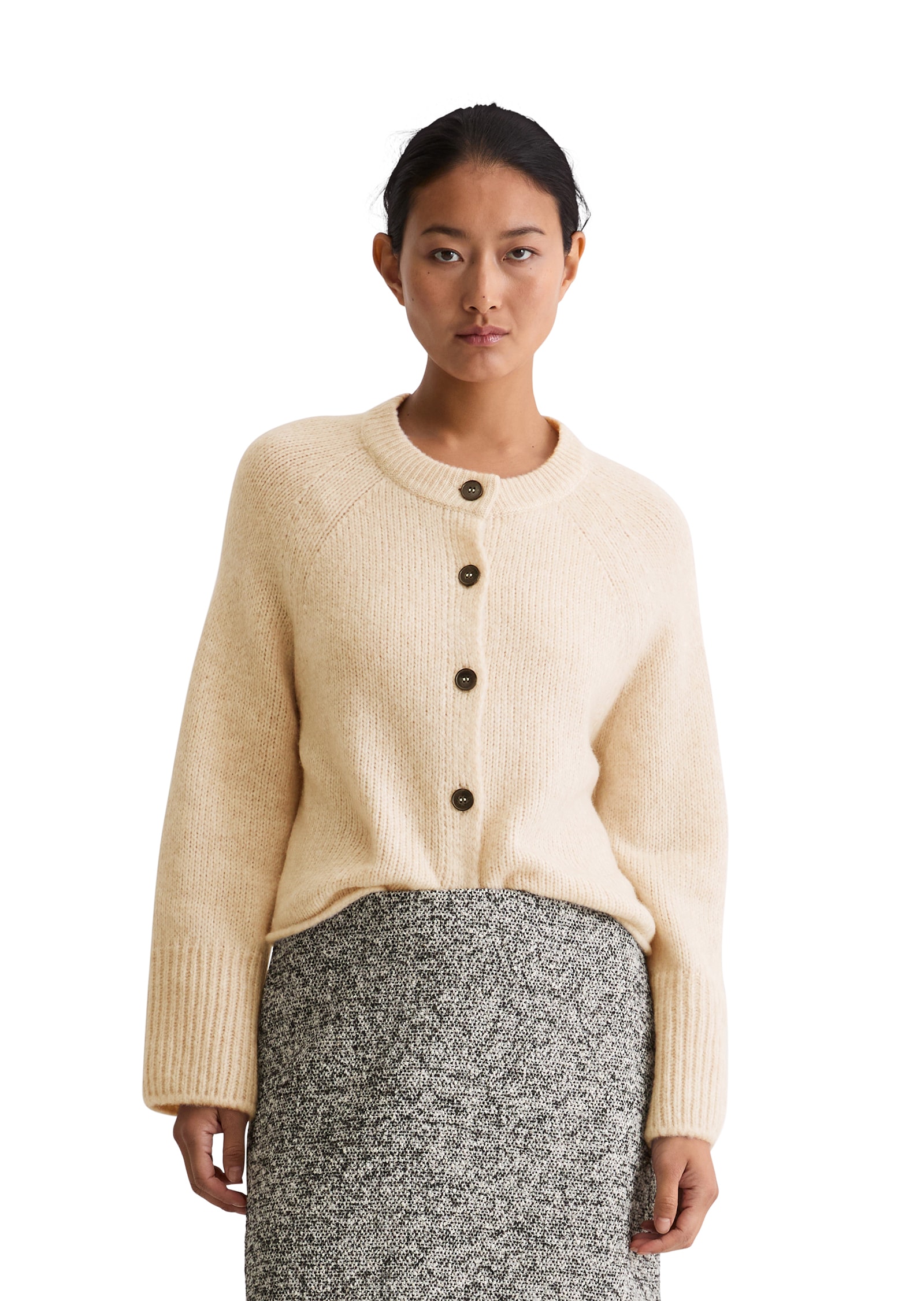 Cardigan MARC O'POLO, Damen, Gr. XL, natural stone, Strick, Obermaterial: 75% Schurwolle, 25% Polyamid, loose fit, Rundhals, Rippstrickbündchen, Strickjacken, aus softem Schurwolle-Mix, Raglanärmel, loose fit Image